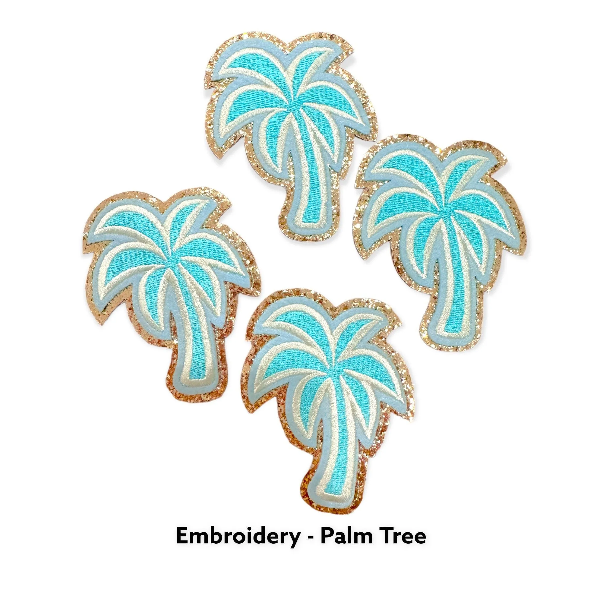 Palm Tree - Self Adhesive Embroidery Patch- DIY Patch with Gold Glitter Trim- Varsity Letter- Perfect for Nylon Pouches & Clothes Blue Beach