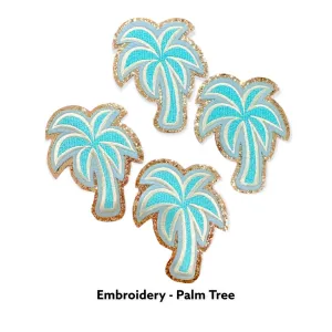 Palm Tree - Self Adhesive Embroidery Patch- DIY Patch with Gold Glitter Trim- Varsity Letter- Perfect for Nylon Pouches & Clothes Blue Beach
