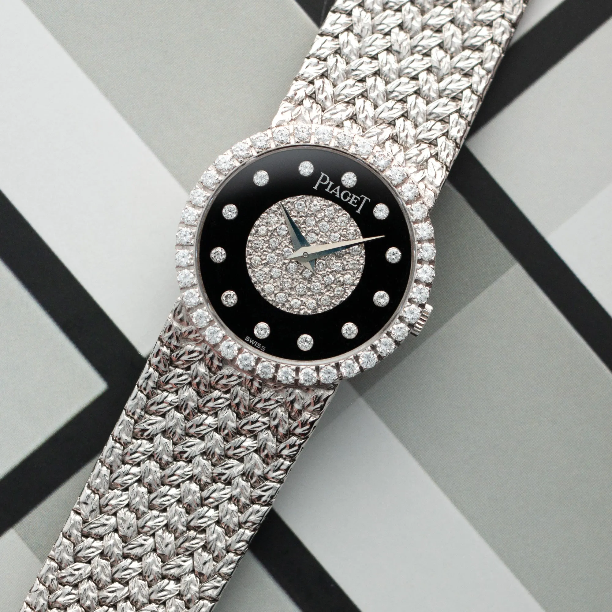 Piaget White Gold Diamond Bezel with Black and Diamond Dial on Bracelet