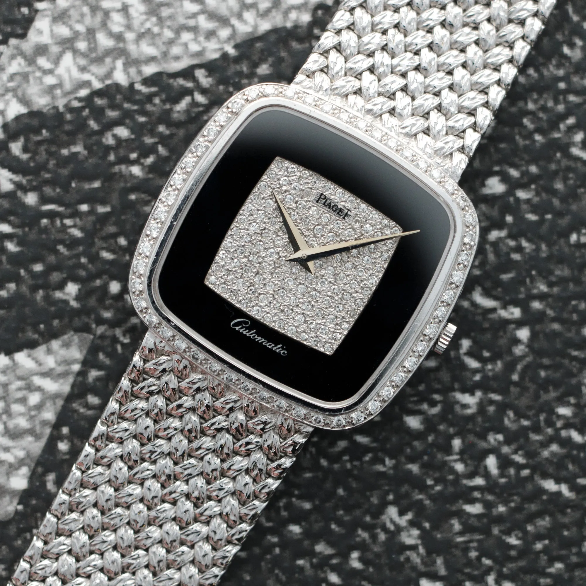 Piaget White Gold Onyx Diamond Watch, 1970s