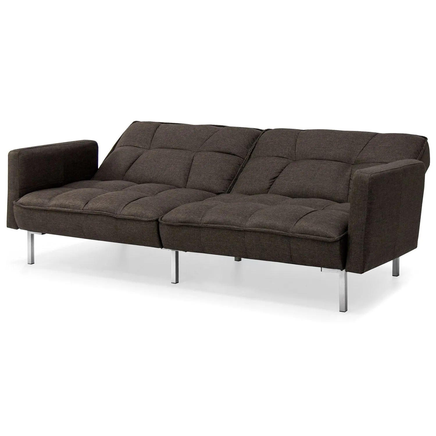Plush Brown Split-Back Design Convertible Linen Tufted Futon w/ 2 Pillows