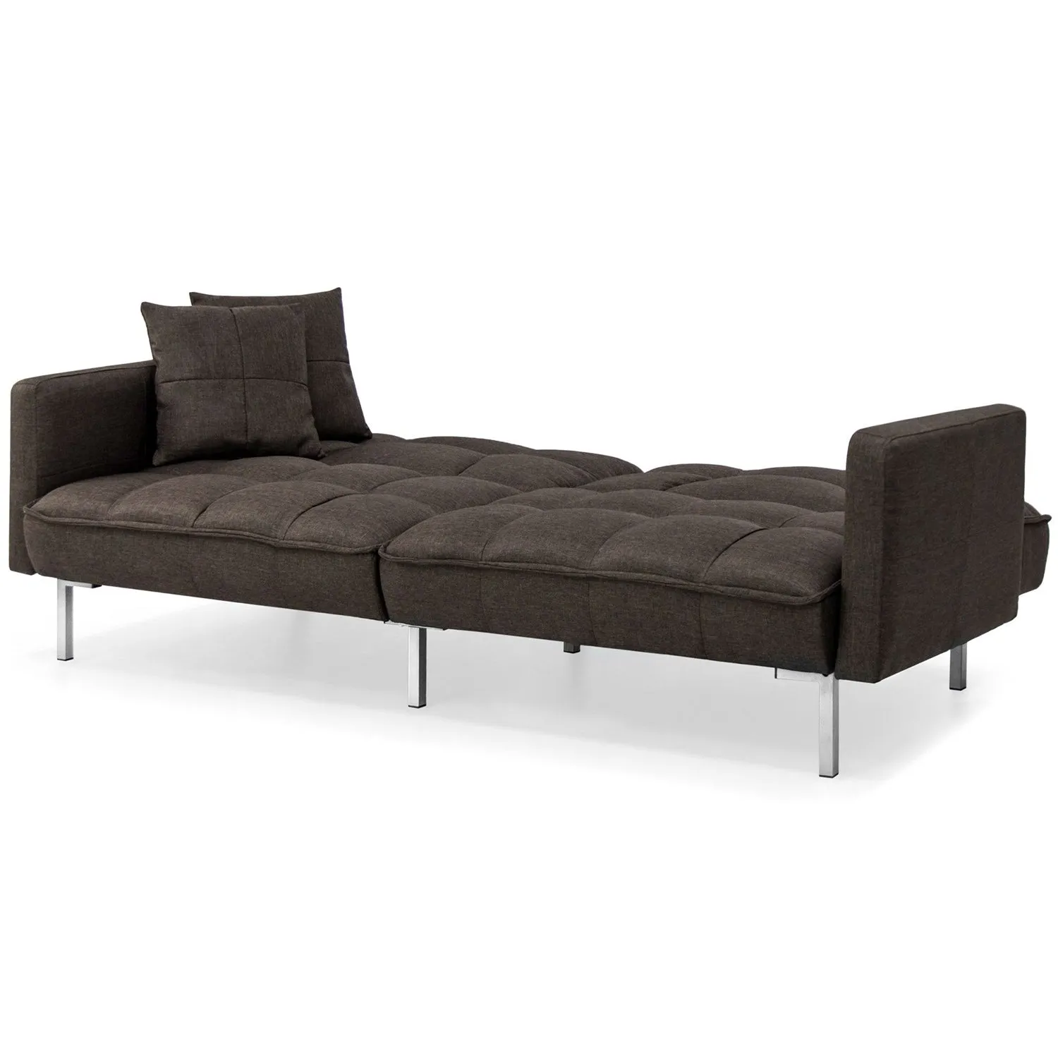 Plush Brown Split-Back Design Convertible Linen Tufted Futon w/ 2 Pillows