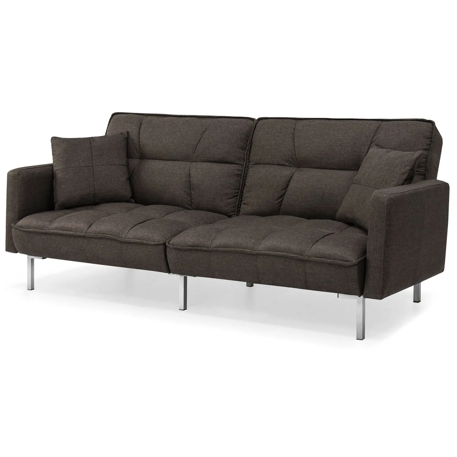 Plush Brown Split-Back Design Convertible Linen Tufted Futon w/ 2 Pillows