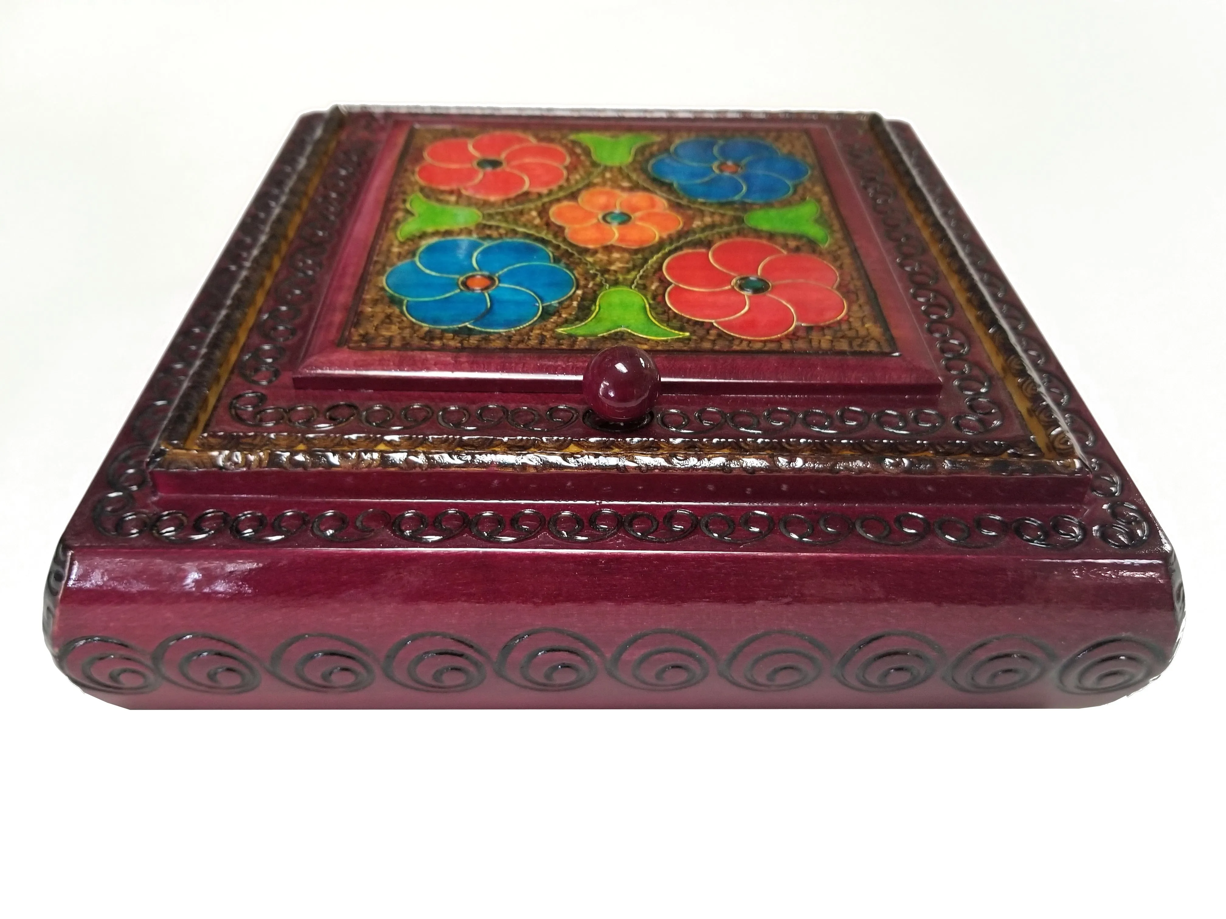 Polish Floral Wooden Jewelry Box with Mirror, Brass Inlays and Compartments, 8.5"x 8.5"