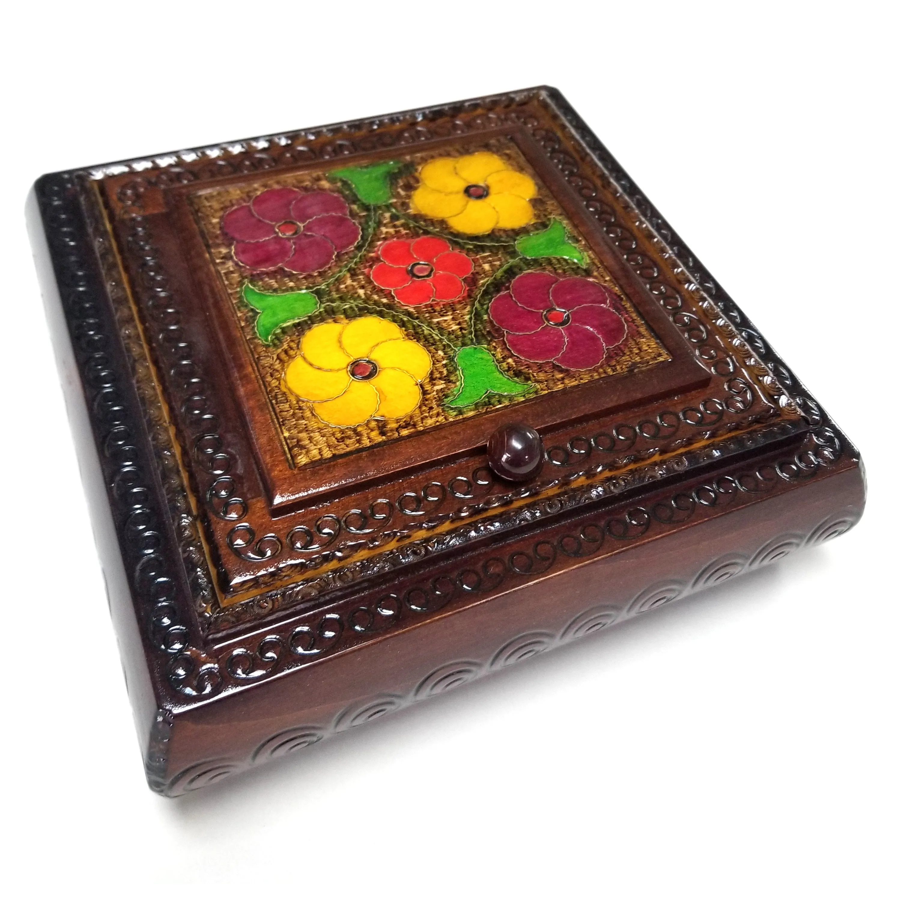 Polish Floral Wooden Jewelry Box with Mirror, Brass Inlays and Compartments, 8.5"x 8.5"
