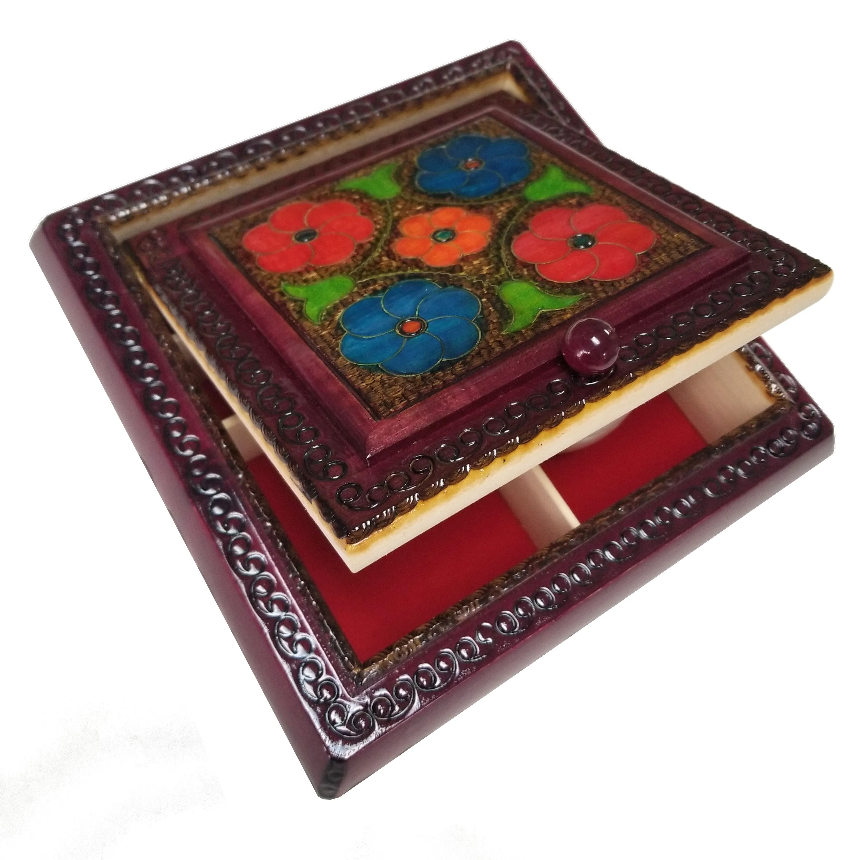 Polish Floral Wooden Jewelry Box with Mirror, Brass Inlays and Compartments, 8.5"x 8.5"
