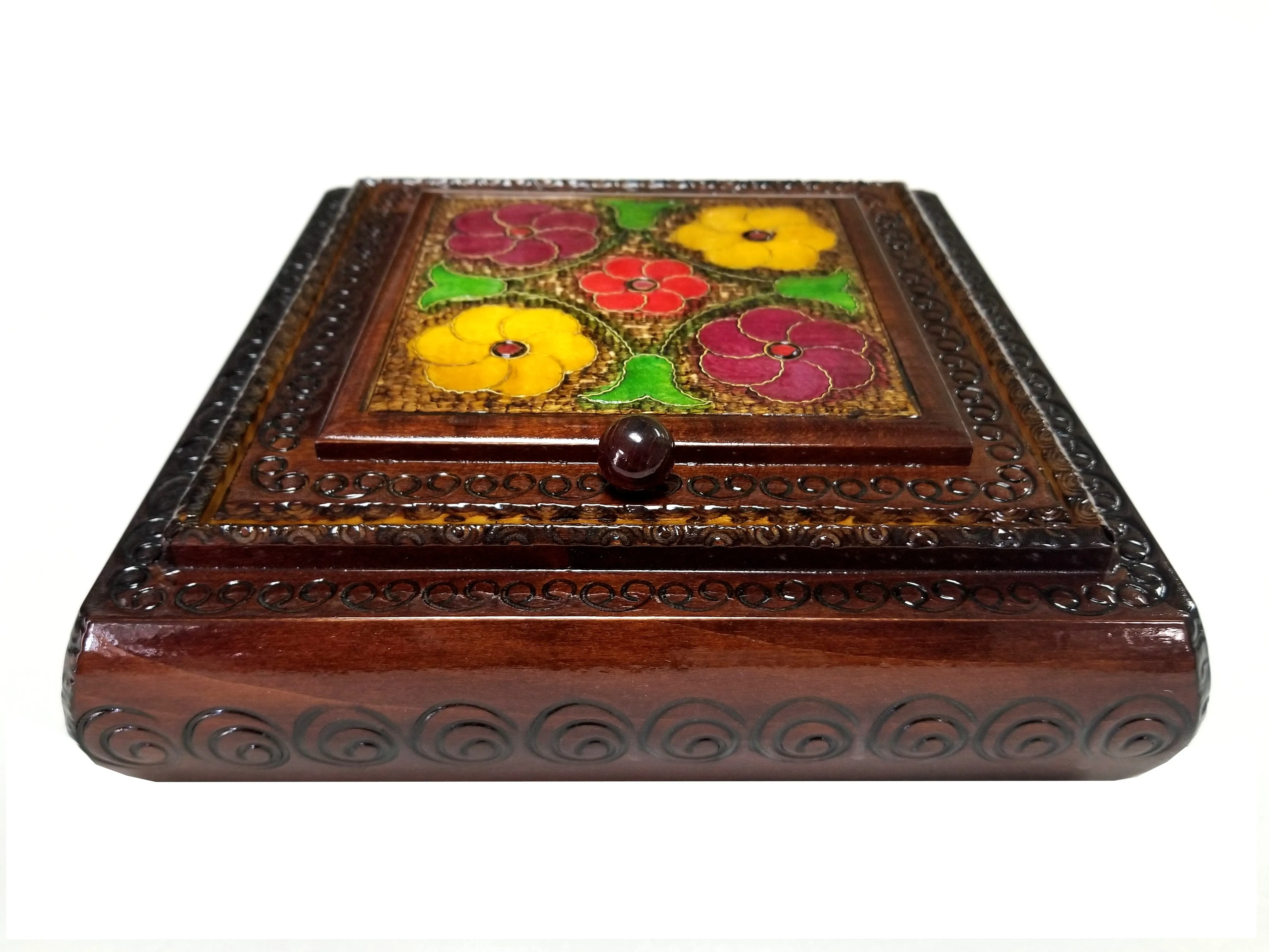 Polish Floral Wooden Jewelry Box with Mirror, Brass Inlays and Compartments, 8.5"x 8.5"