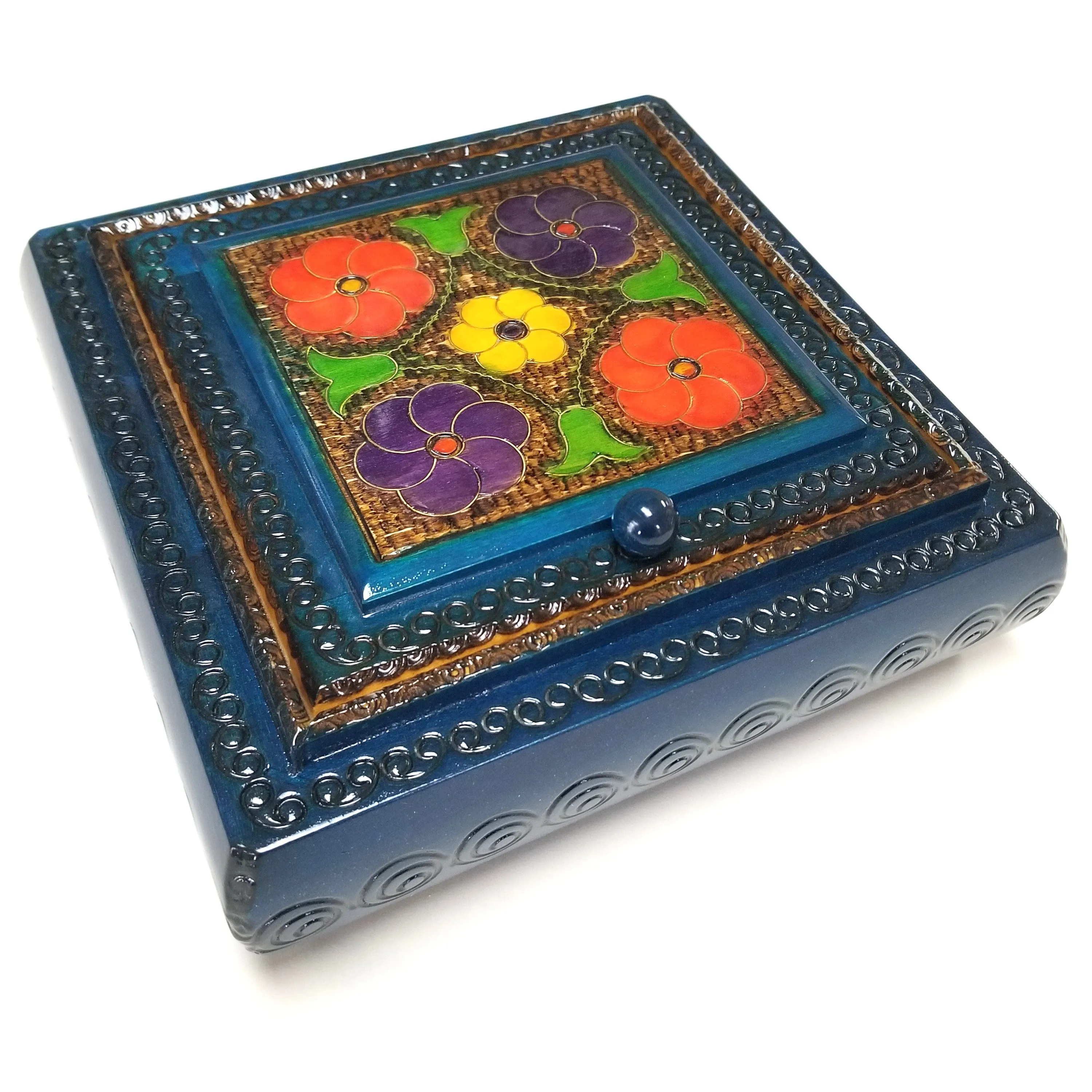 Polish Floral Wooden Jewelry Box with Mirror, Brass Inlays and Compartments, 8.5"x 8.5"