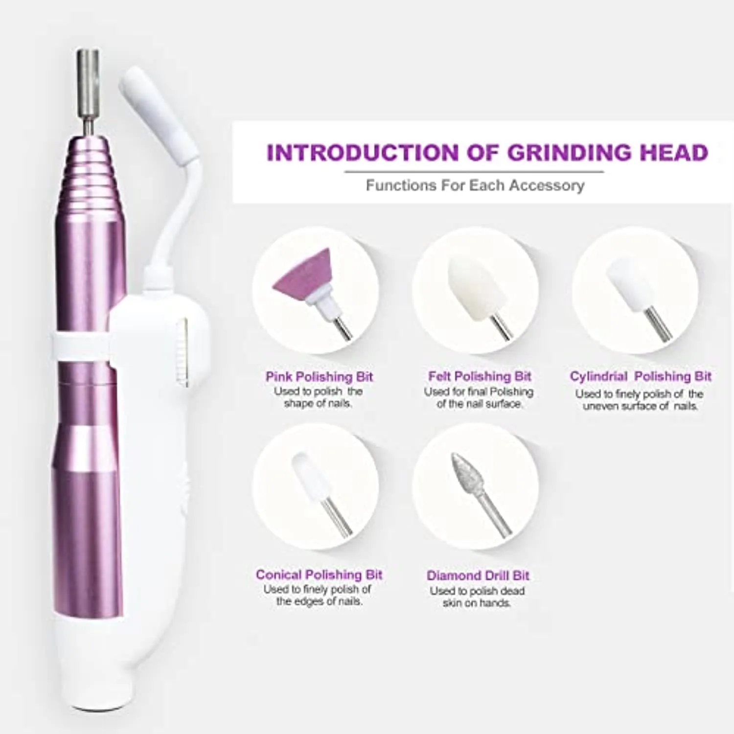 Portable Professional Electric Nail Drill - 19 Piece Electrical Machine Kit for Acrylic Nails Gel Manicure Pedicure Polishing Shape with Storage Case, Sanding Bands, Dust Brush, Light Pink