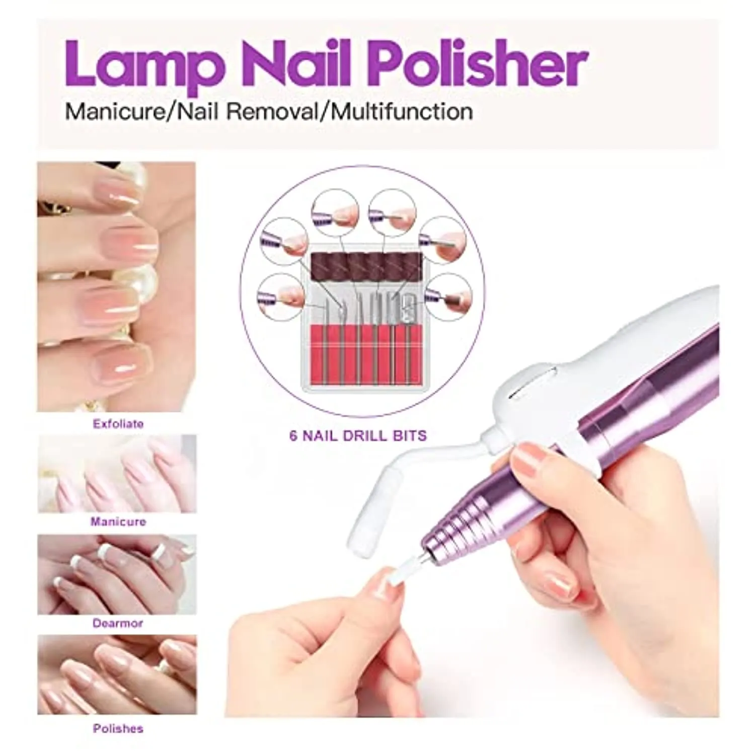 Portable Professional Electric Nail Drill - 19 Piece Electrical Machine Kit for Acrylic Nails Gel Manicure Pedicure Polishing Shape with Storage Case, Sanding Bands, Dust Brush, Light Pink