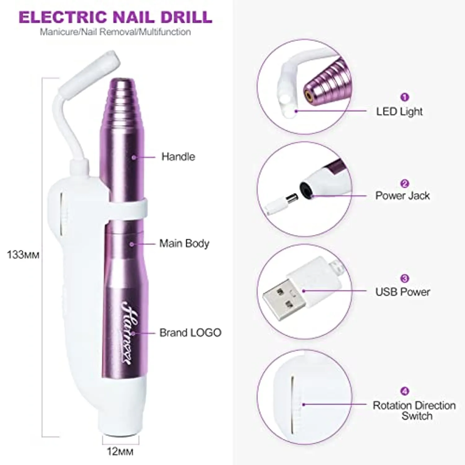 Portable Professional Electric Nail Drill - 19 Piece Electrical Machine Kit for Acrylic Nails Gel Manicure Pedicure Polishing Shape with Storage Case, Sanding Bands, Dust Brush, Light Pink