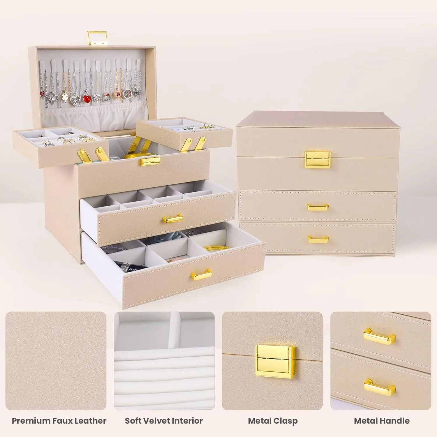 PU Leather Jewelry Organizer Box, Champagne