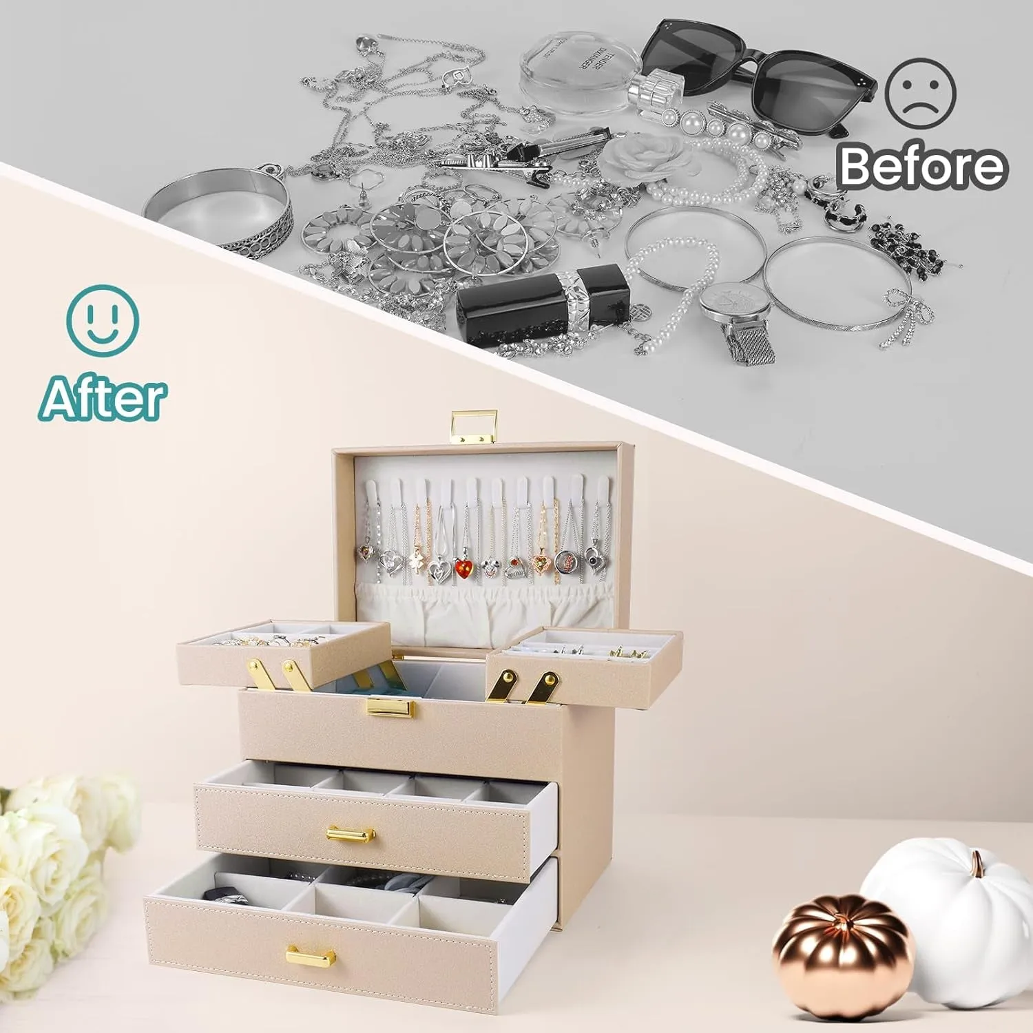 PU Leather Jewelry Organizer Box, Champagne