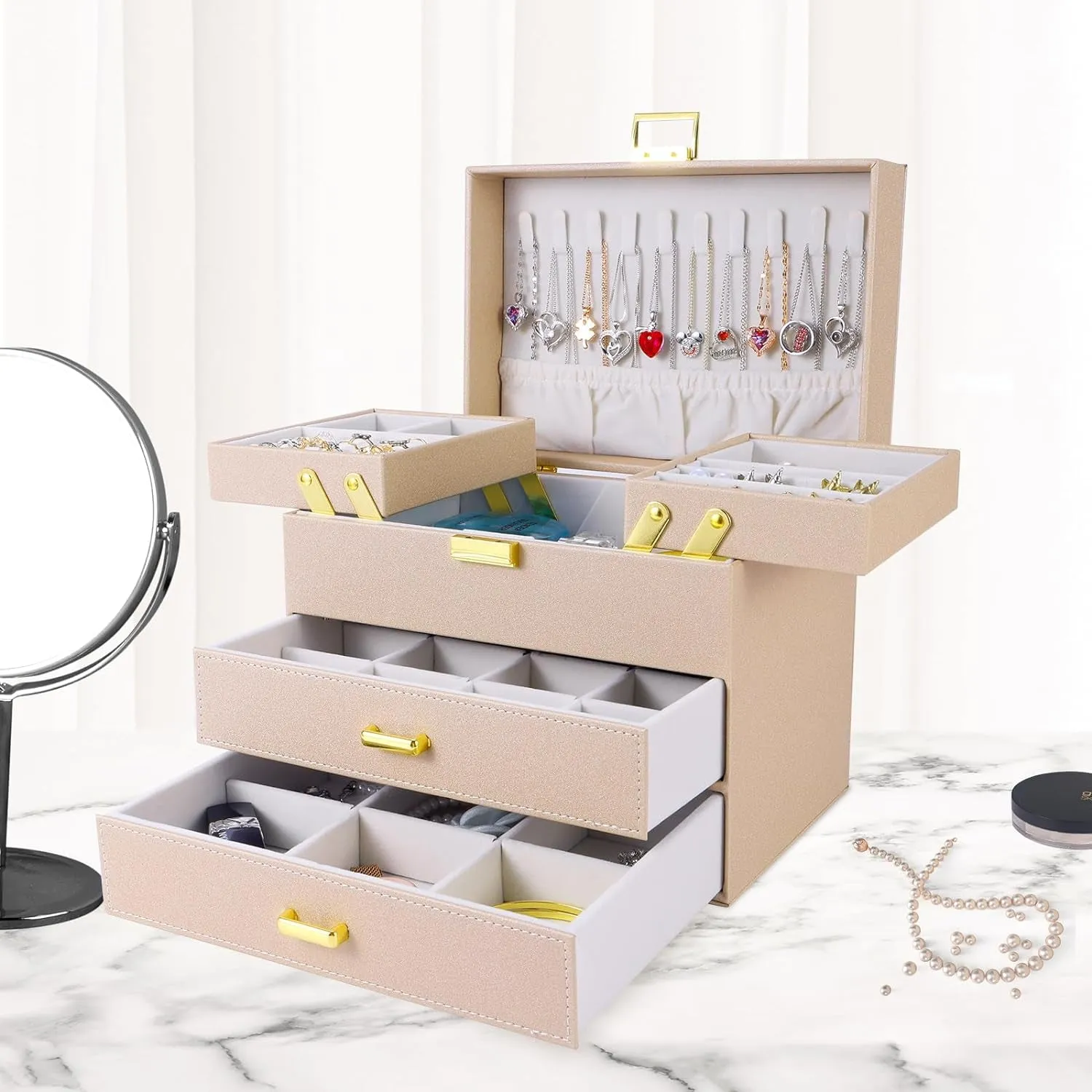 PU Leather Jewelry Organizer Box, Champagne