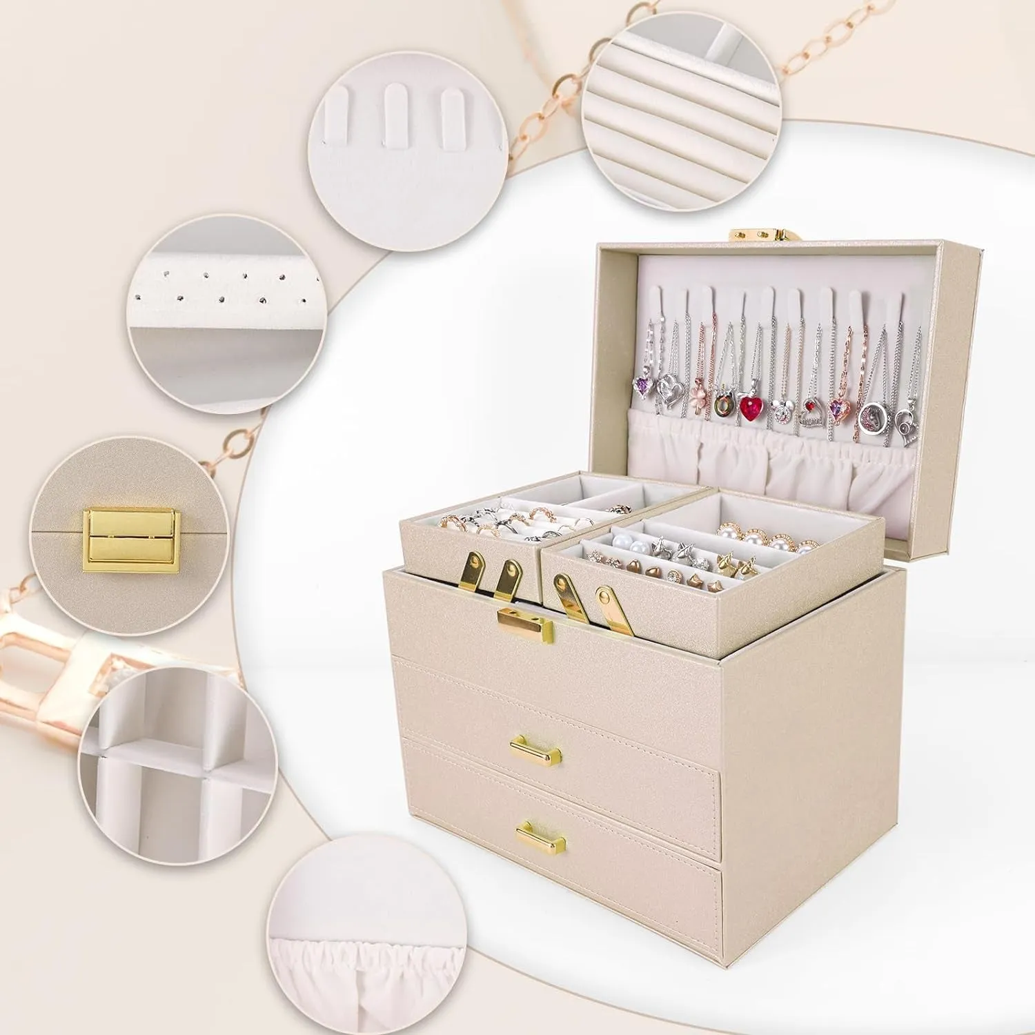 PU Leather Jewelry Organizer Box, Champagne