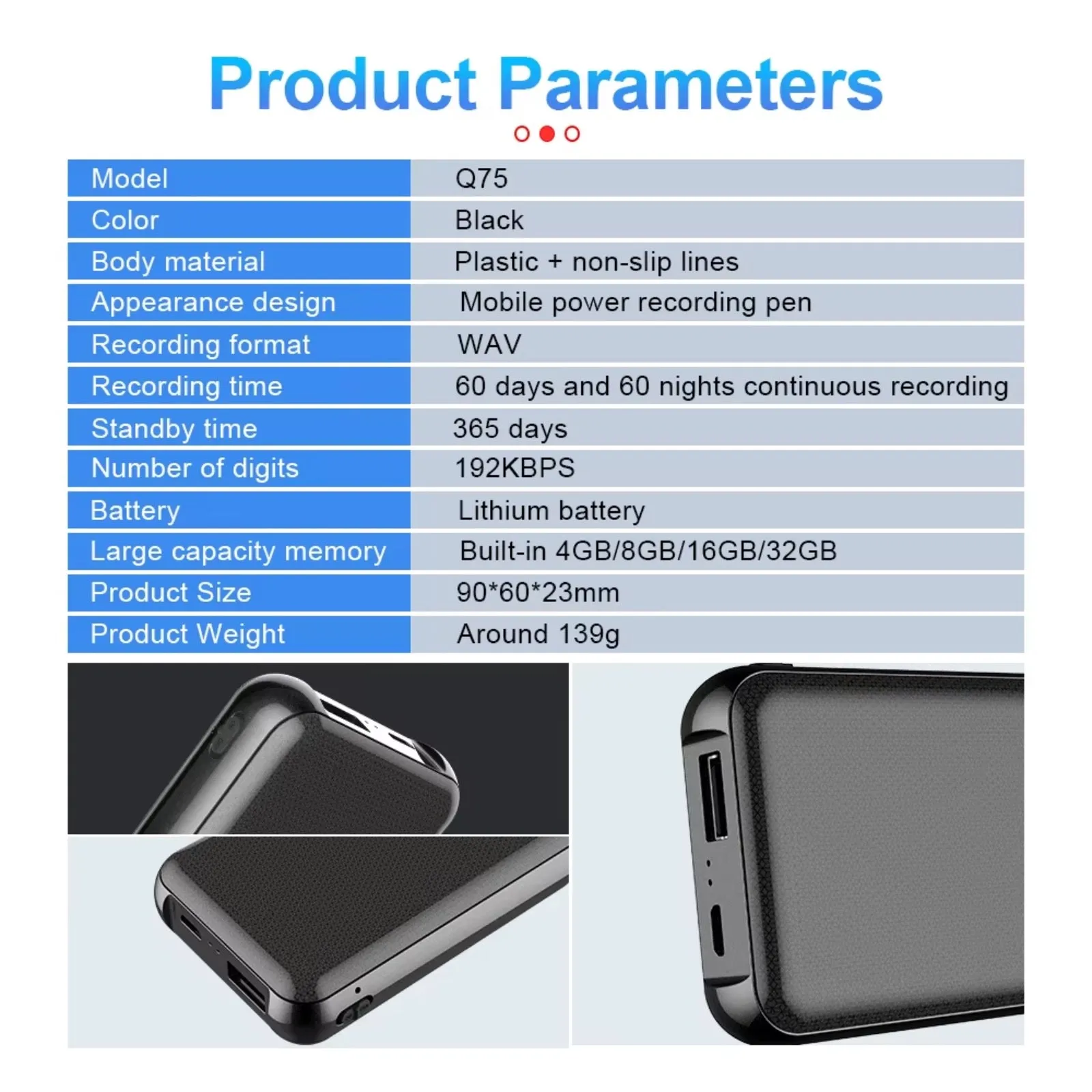 Q75 Magnetic Voice Recorder 1100 Hour Battery Sound Activated ADPCM High Definition Noise Reduction