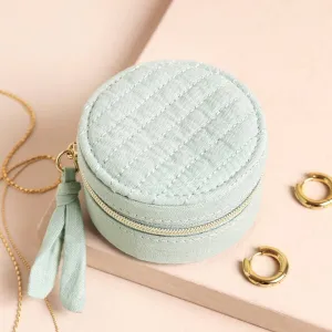 Quilted Mini Round Travel Jewelry Case in Mint