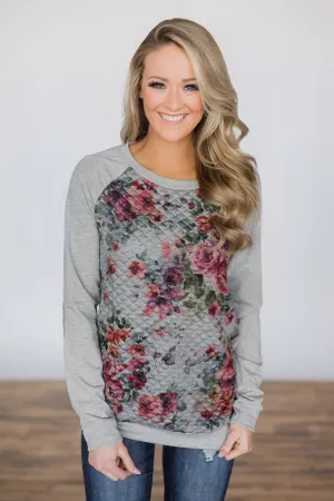 Quilted Romance Floral Top ~ Grey