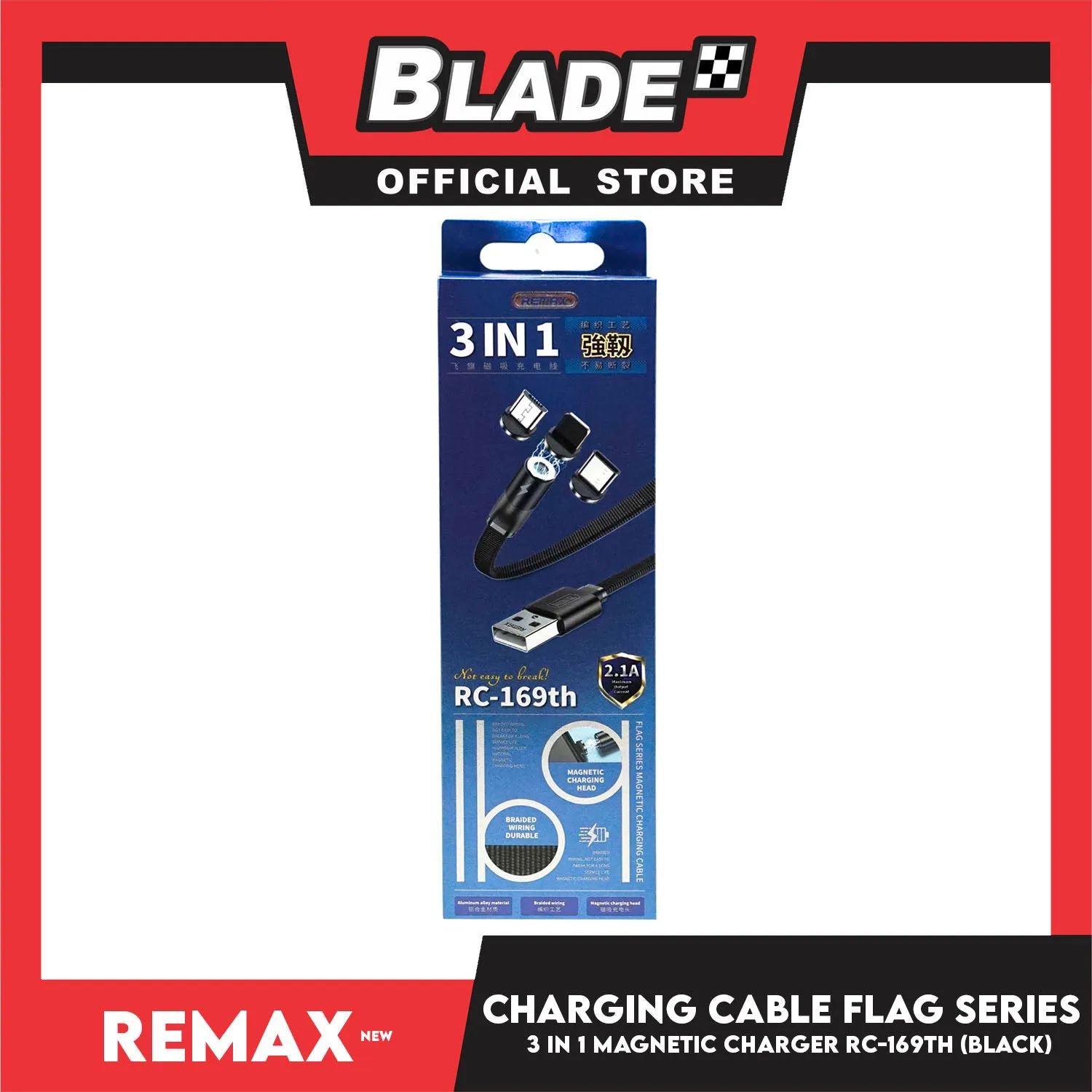 Remax Data Cable Flag Series Magnetic Charging Cable 3in1 RC-169th 1000mm Android, Type-C and Lightning (Black) Suitable for Micro-Device, Smart Phone, Tablets, iPad and iPhone Series
