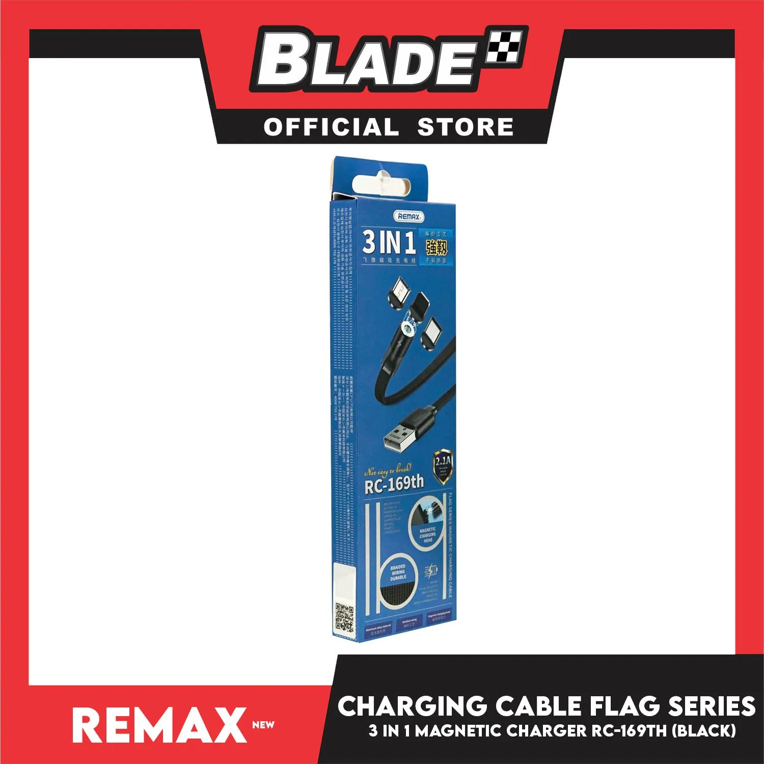 Remax Data Cable Flag Series Magnetic Charging Cable 3in1 RC-169th 1000mm Android, Type-C and Lightning (Black) Suitable for Micro-Device, Smart Phone, Tablets, iPad and iPhone Series