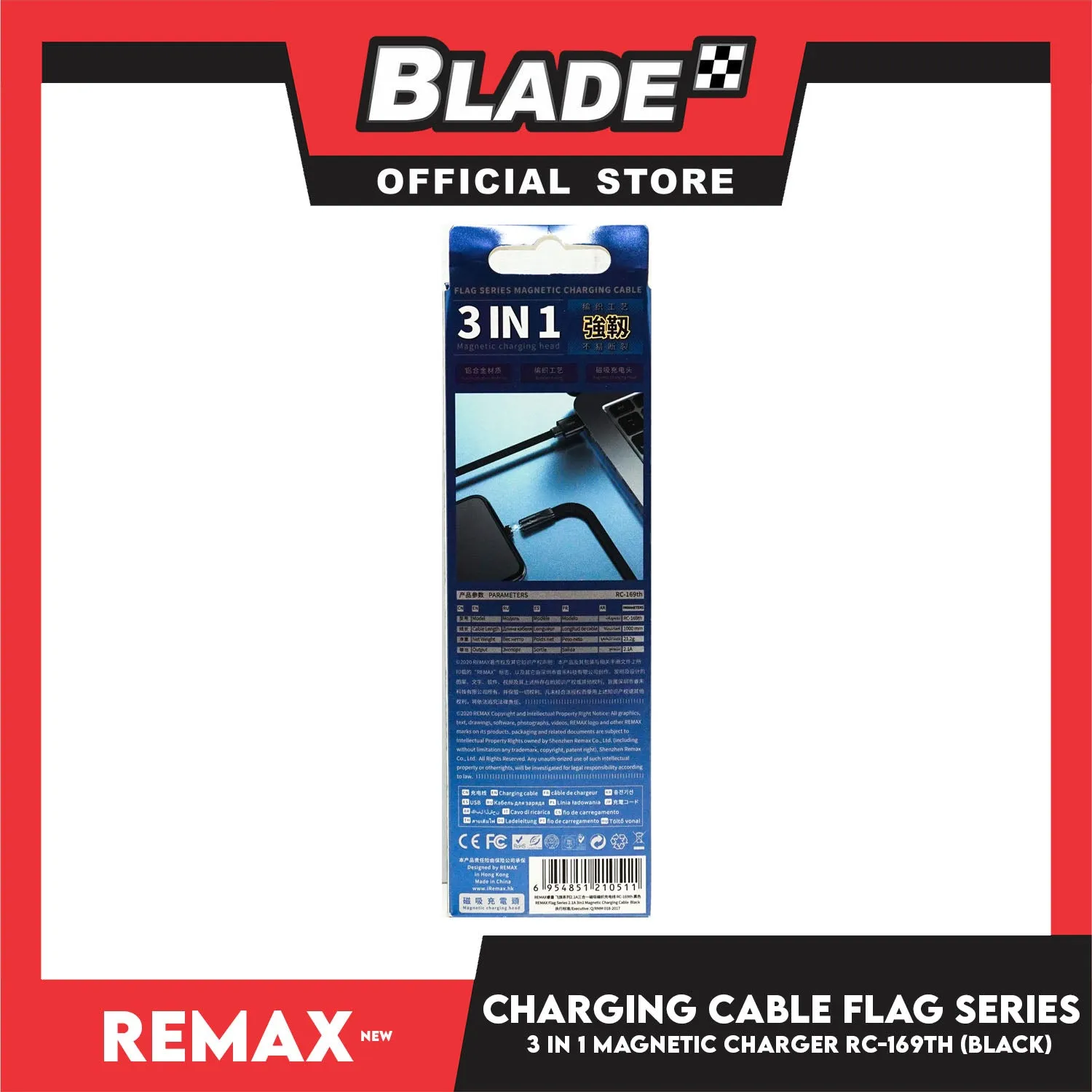Remax Data Cable Flag Series Magnetic Charging Cable 3in1 RC-169th 1000mm Android, Type-C and Lightning (Black) Suitable for Micro-Device, Smart Phone, Tablets, iPad and iPhone Series