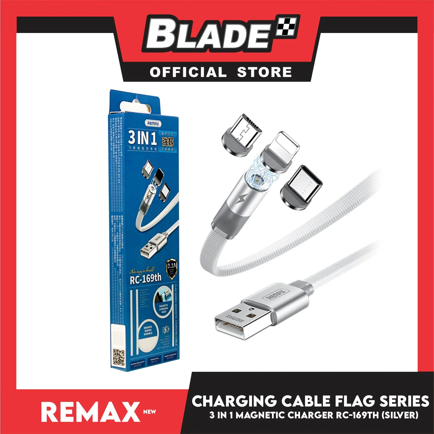 Remax Data Cable Flag Series Magnetic Charging Cable 3in1 RC-169th 1000mm Android, Type-C and Lightning (Silver) Suitable for Micro-Device, Smart Phone, Tablets, iPad and iPhone Series