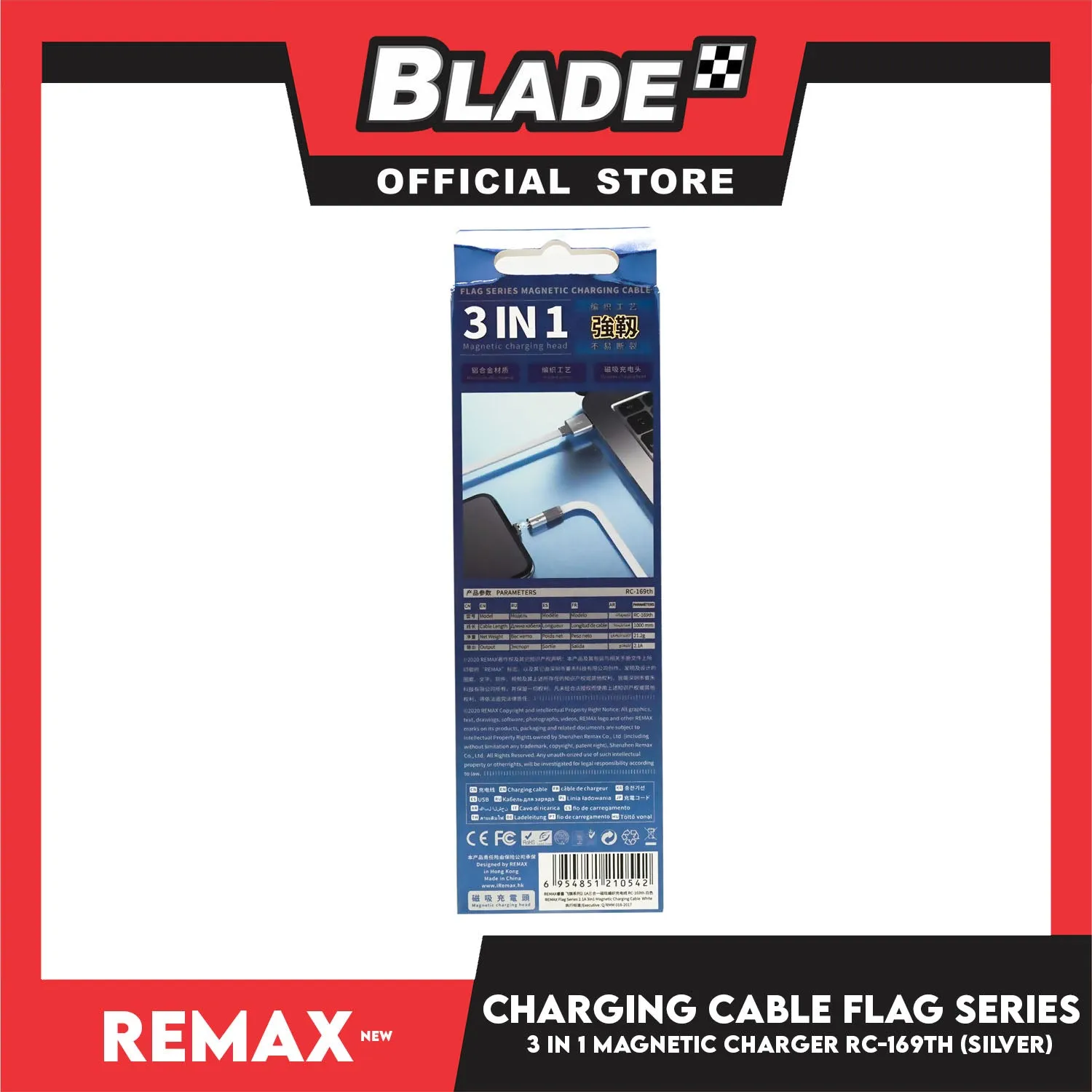 Remax Data Cable Flag Series Magnetic Charging Cable 3in1 RC-169th 1000mm Android, Type-C and Lightning (Silver) Suitable for Micro-Device, Smart Phone, Tablets, iPad and iPhone Series