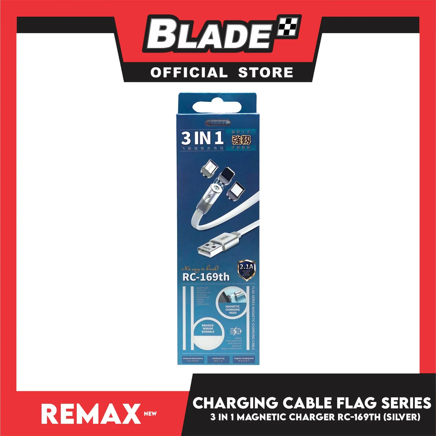 Remax Data Cable Flag Series Magnetic Charging Cable 3in1 RC-169th 1000mm Android, Type-C and Lightning (Silver) Suitable for Micro-Device, Smart Phone, Tablets, iPad and iPhone Series
