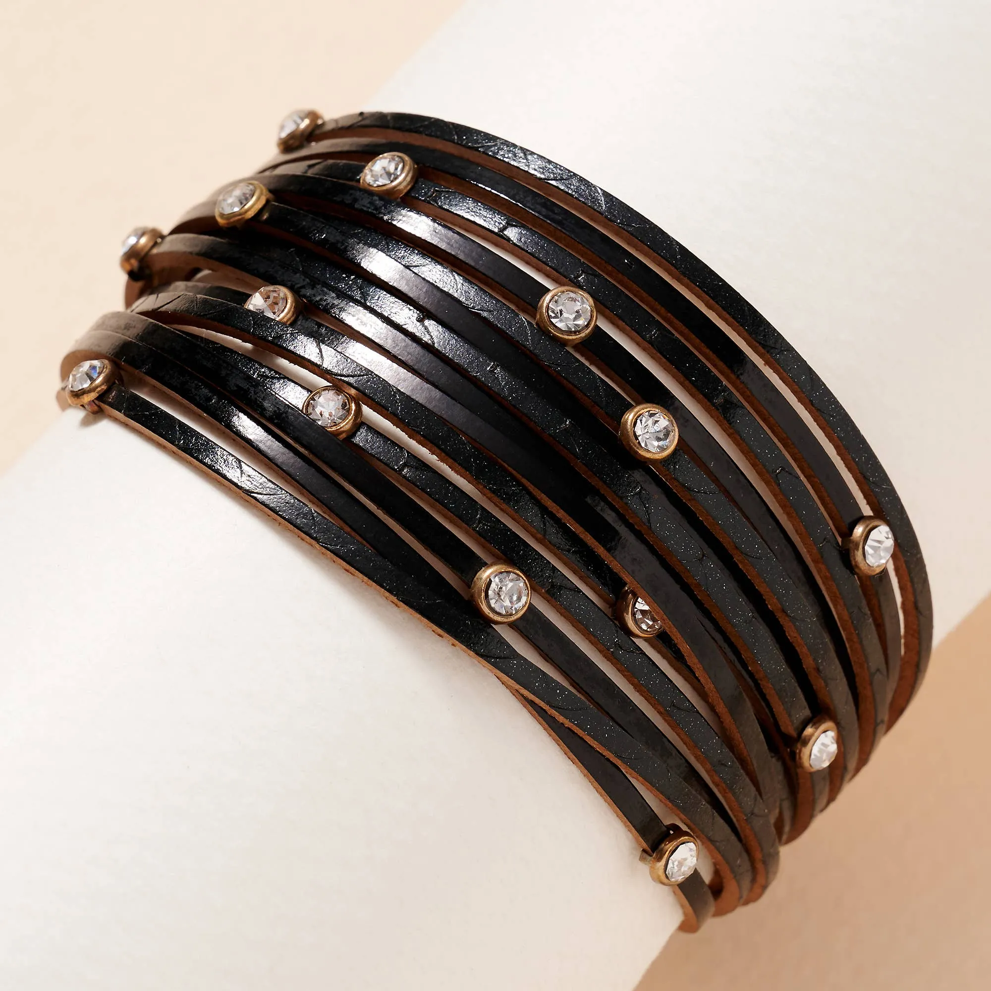Rhinestones Multi Strand Leather Bracelet
