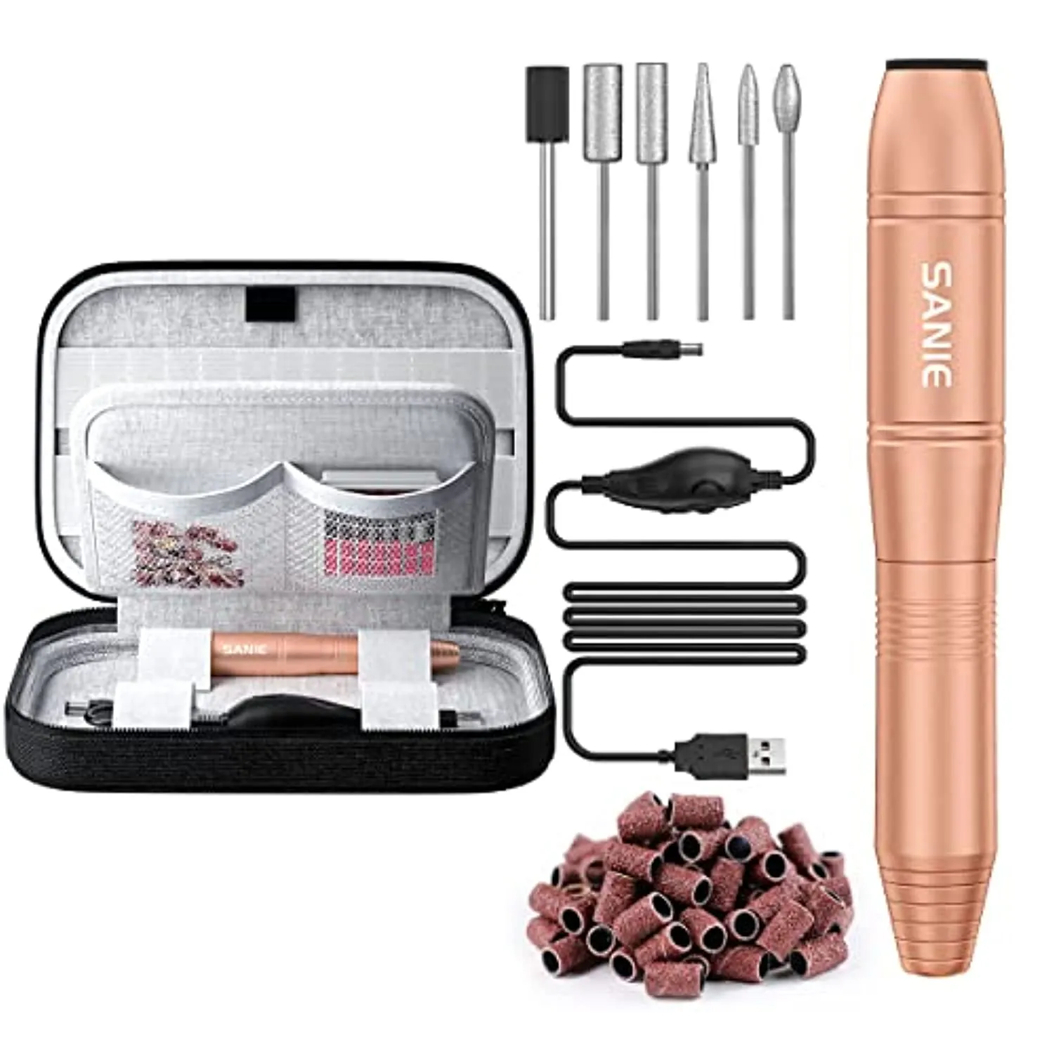 Sanie Electric USB Nail Drill with Organizer Case, Efile Nail Drill Machine for Acrylic Nails Professional, Portable Electrical Nail File Kit, Manicure Pedicure Polishing Shape Tools, Gold