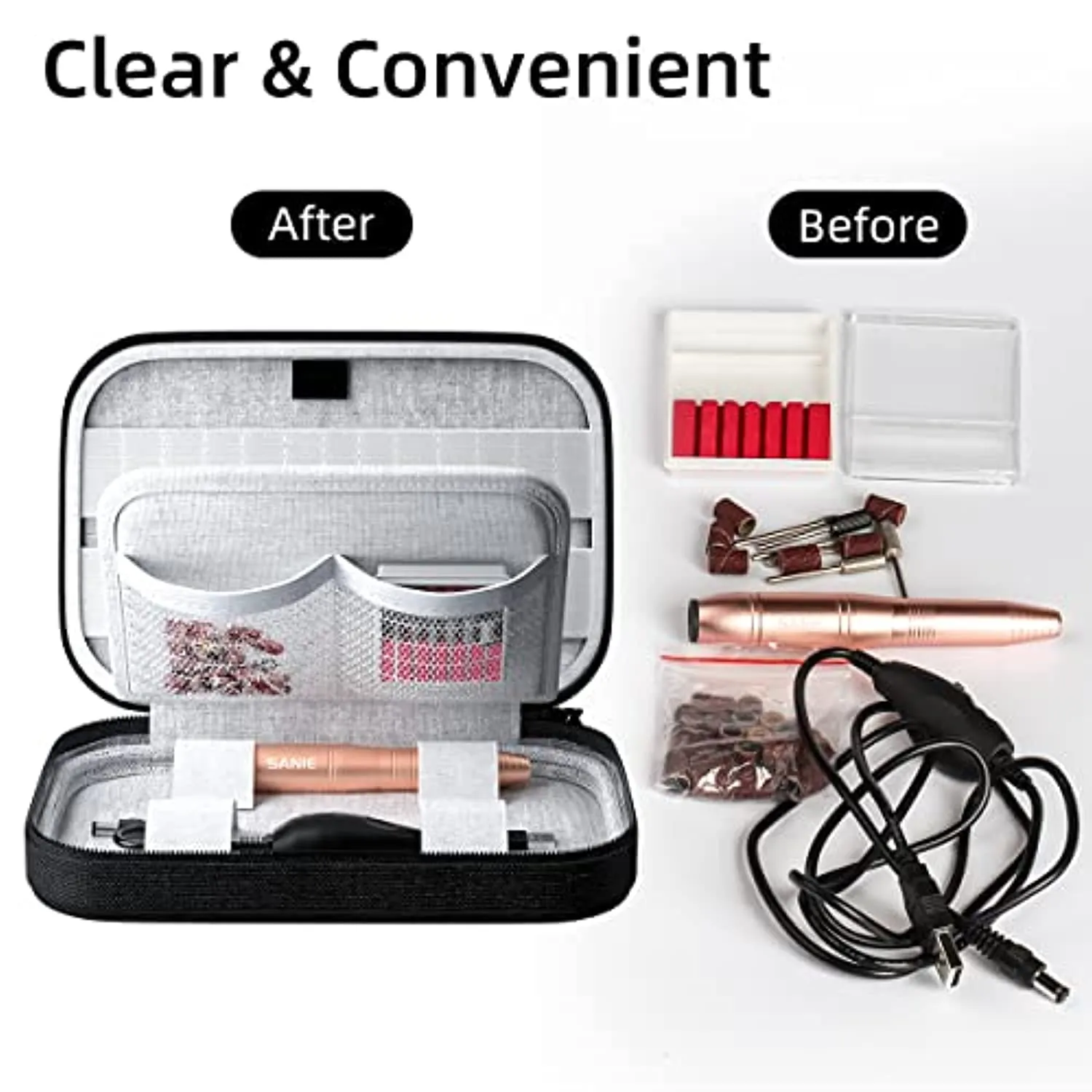 Sanie Electric USB Nail Drill with Organizer Case, Efile Nail Drill Machine for Acrylic Nails Professional, Portable Electrical Nail File Kit, Manicure Pedicure Polishing Shape Tools, Gold