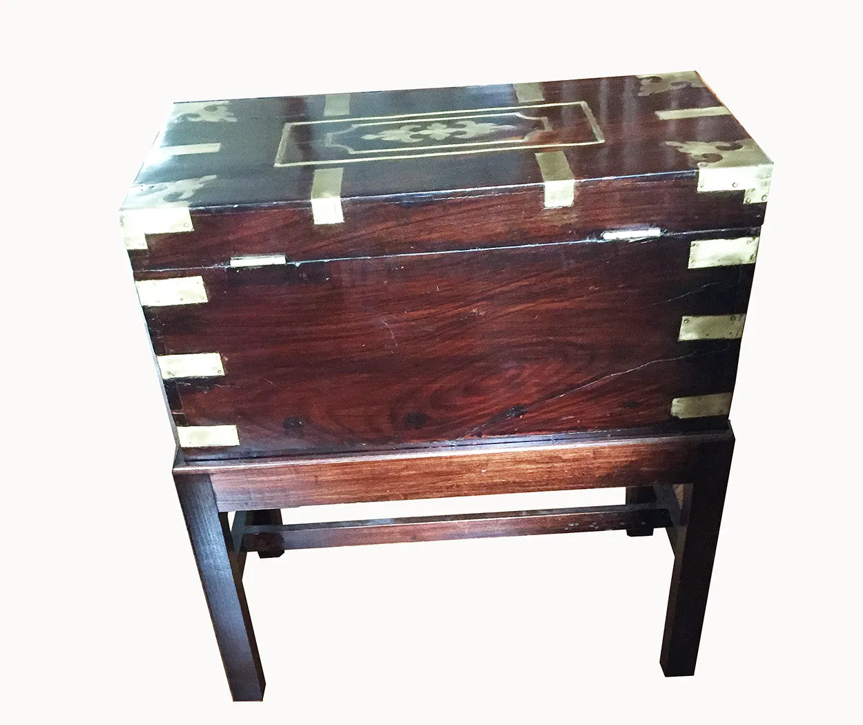 SOLD Victorian Anglo-Colonial Wood Brass-Inlaid Campaign or Travel Chest on Later Stand