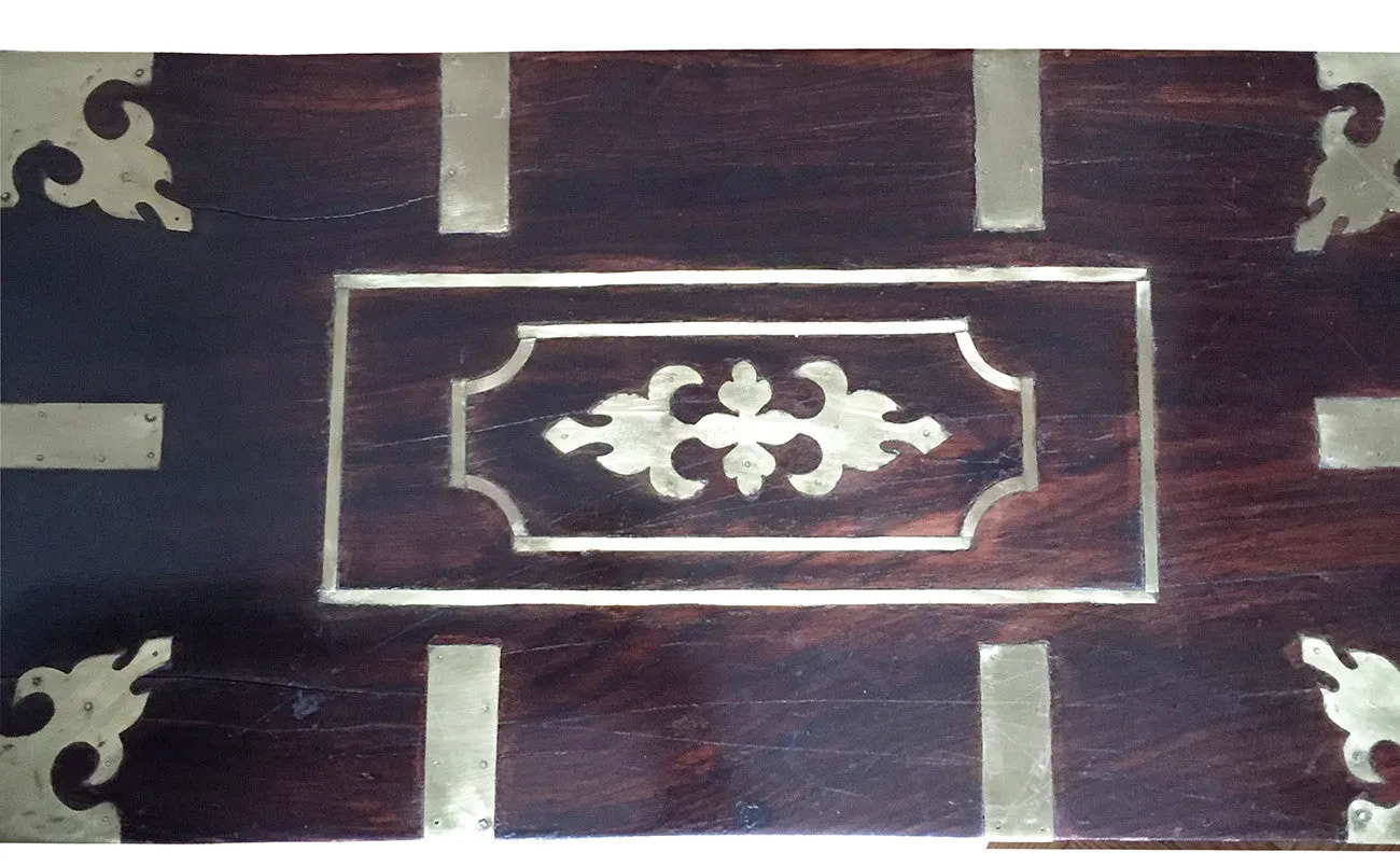 SOLD Victorian Anglo-Colonial Wood Brass-Inlaid Campaign or Travel Chest on Later Stand