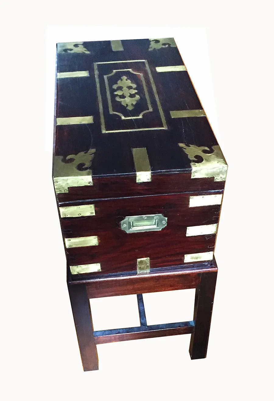 SOLD Victorian Anglo-Colonial Wood Brass-Inlaid Campaign or Travel Chest on Later Stand