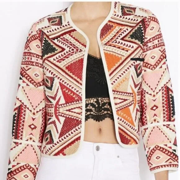 TopShop geometric embroidered Jacquered abstract Aztec Open Jacket Multicolor 4