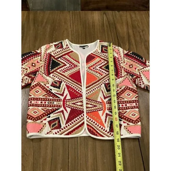 TopShop geometric embroidered Jacquered abstract Aztec Open Jacket Multicolor 4