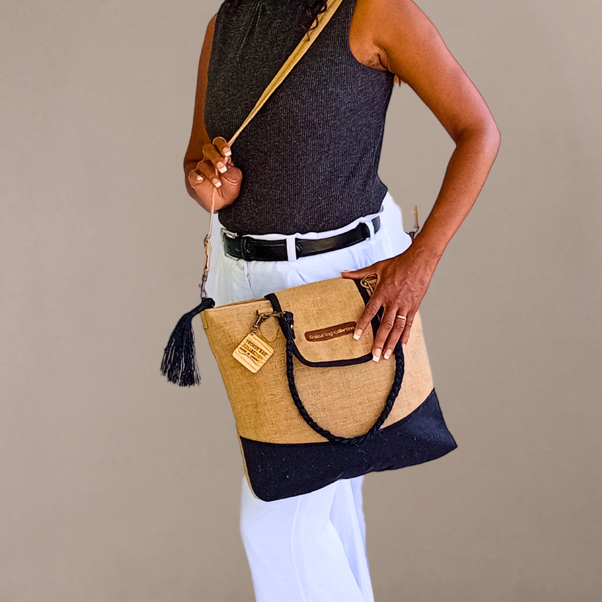 Tote Set, Black Linen Trim
