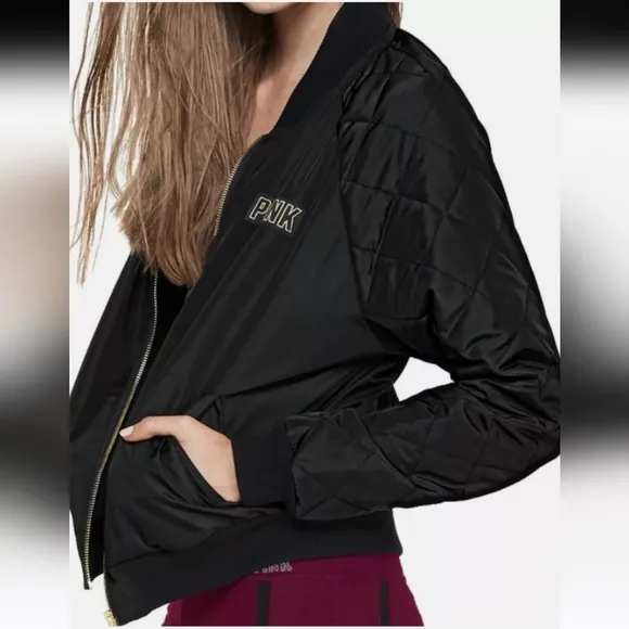Victoria's Secret PINK Bomber Jacket Black w/Gold Writing Large EUC