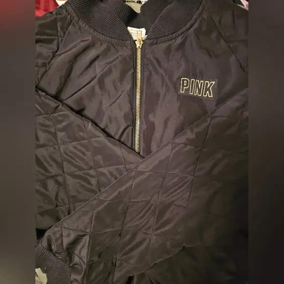 Victoria's Secret PINK Bomber Jacket Black w/Gold Writing Large EUC