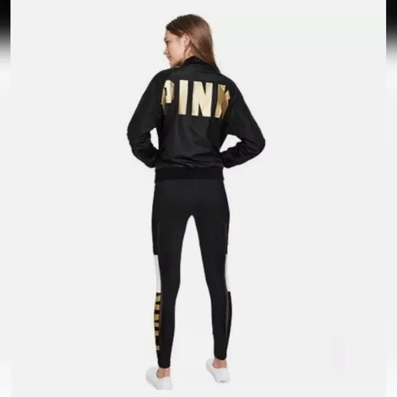 Victoria's Secret PINK Bomber Jacket Black w/Gold Writing Large EUC