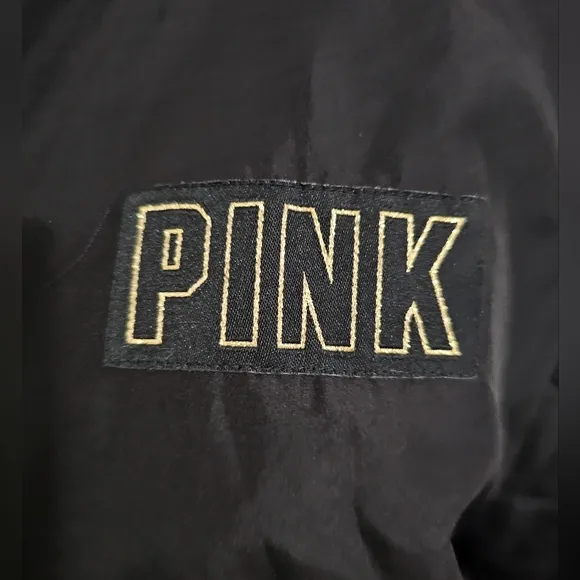 Victoria's Secret PINK Bomber Jacket Black w/Gold Writing Large EUC
