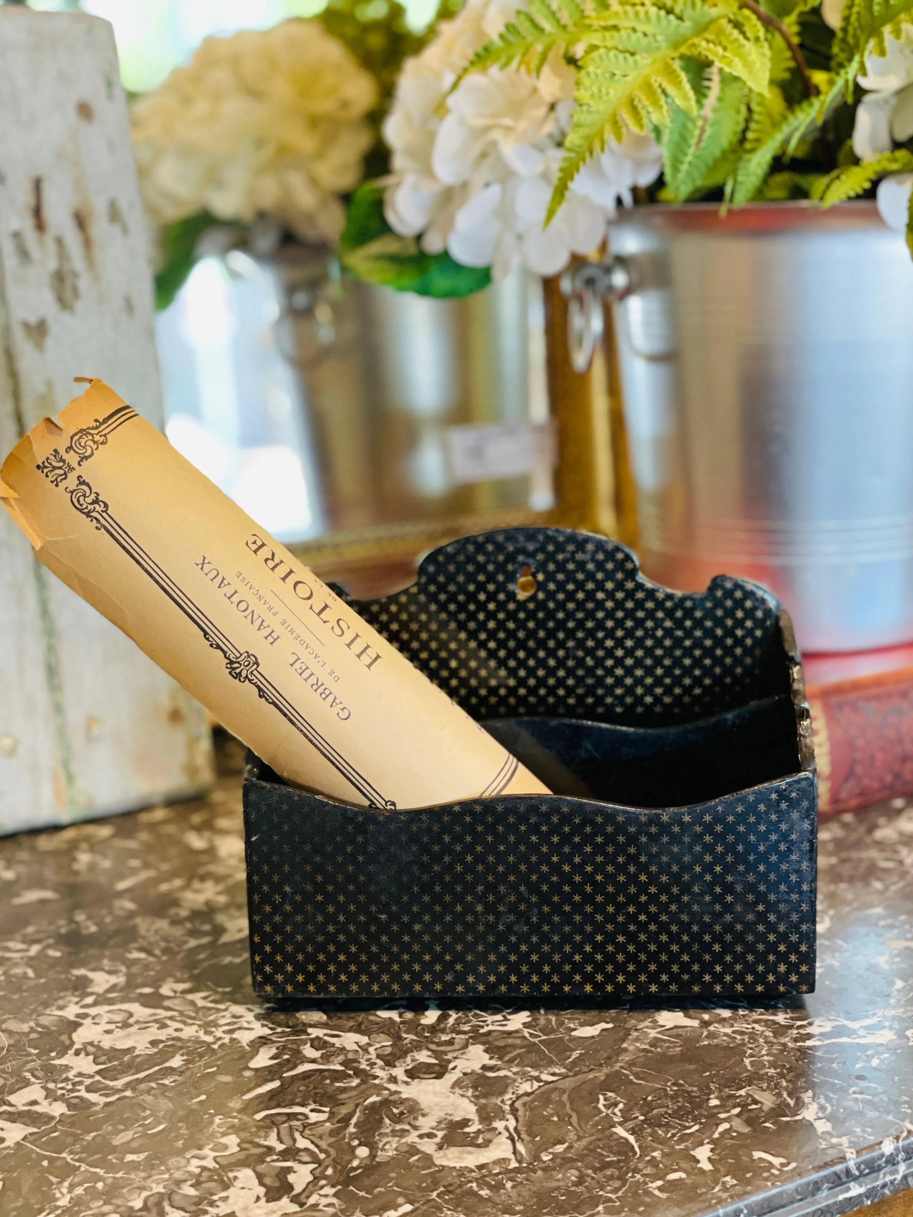 Vintage French Papier-mâché Letter Holder in Black & Gold