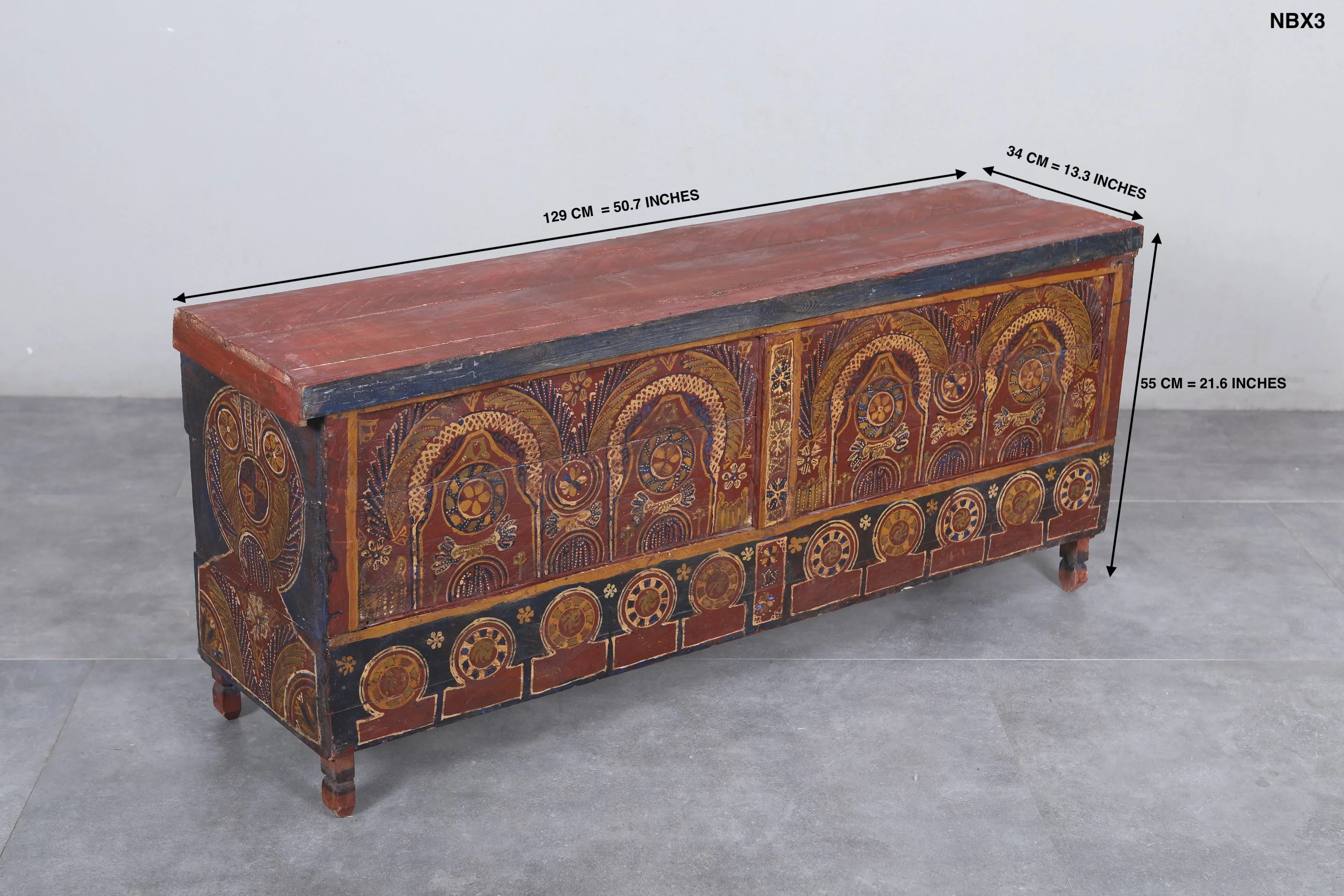 Vintage Moroccan chest  H 21.6  inches x W 50.7 inches x D 13.3 inches