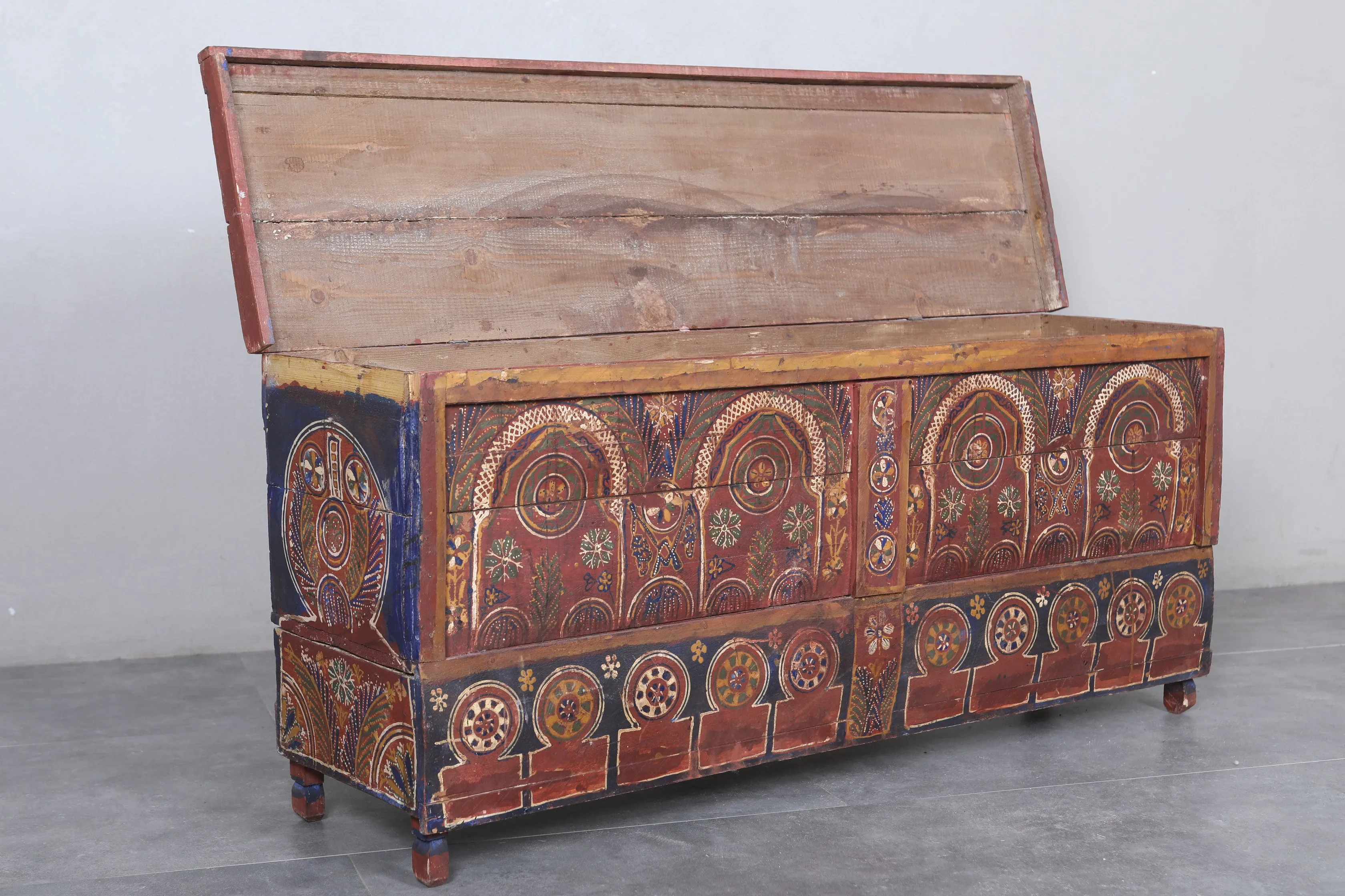 Vintage Moroccan chest  H 22  inches x W 51.5 inches x D 13.7 inches