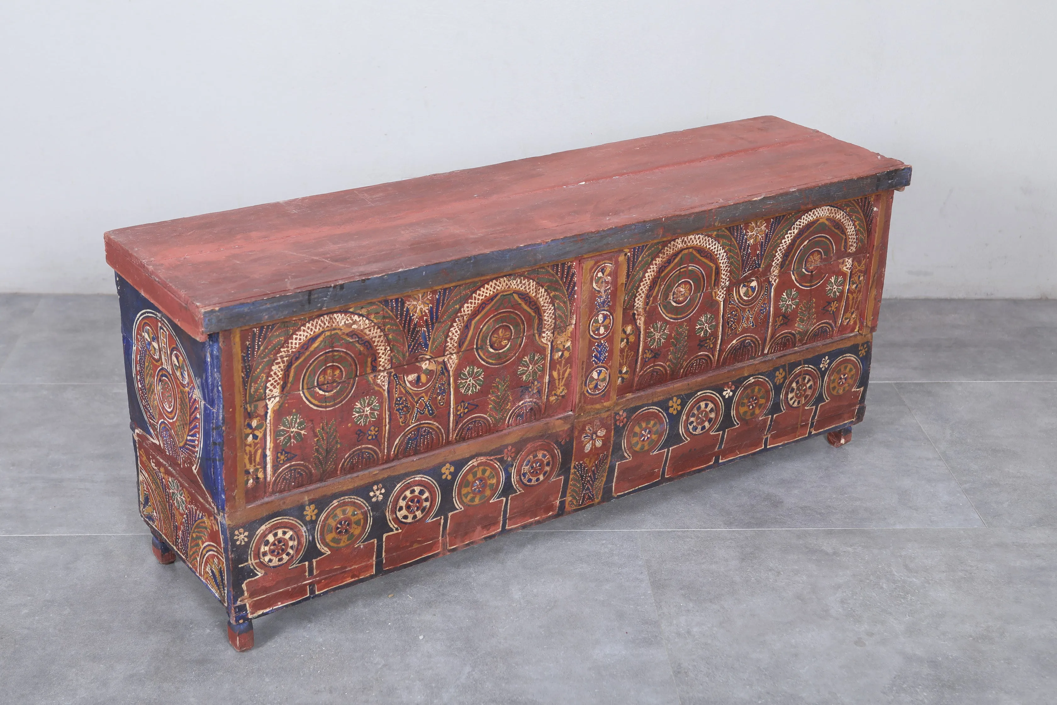 Vintage Moroccan chest  H 22  inches x W 51.5 inches x D 13.7 inches