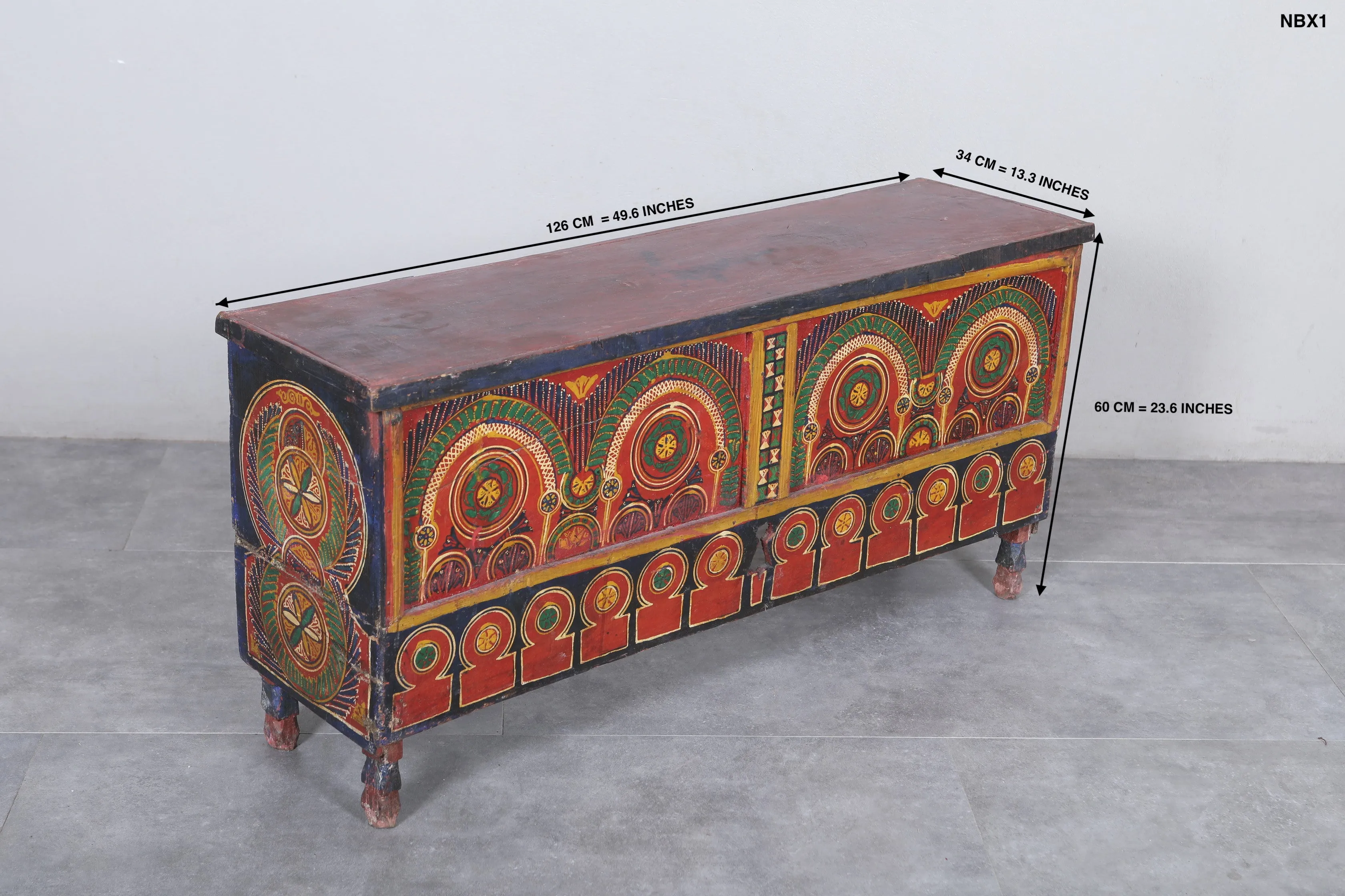 Vintage Moroccan chest  H 23.6 inches x W 49.6 inches x D 13.3 inches