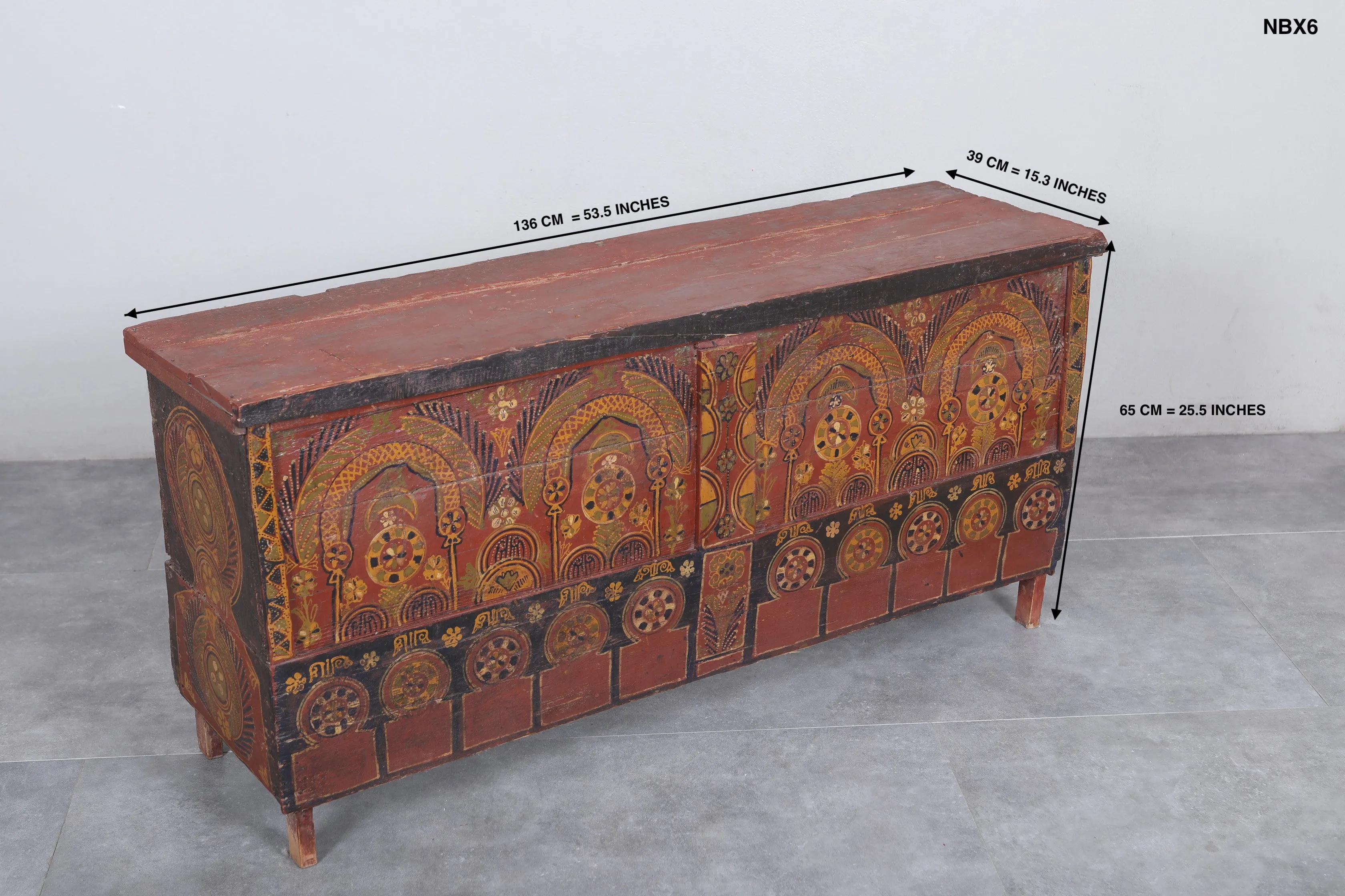 Vintage Moroccan chest  H 25.5  inches x W 53.5 inches x D 15.3 inches