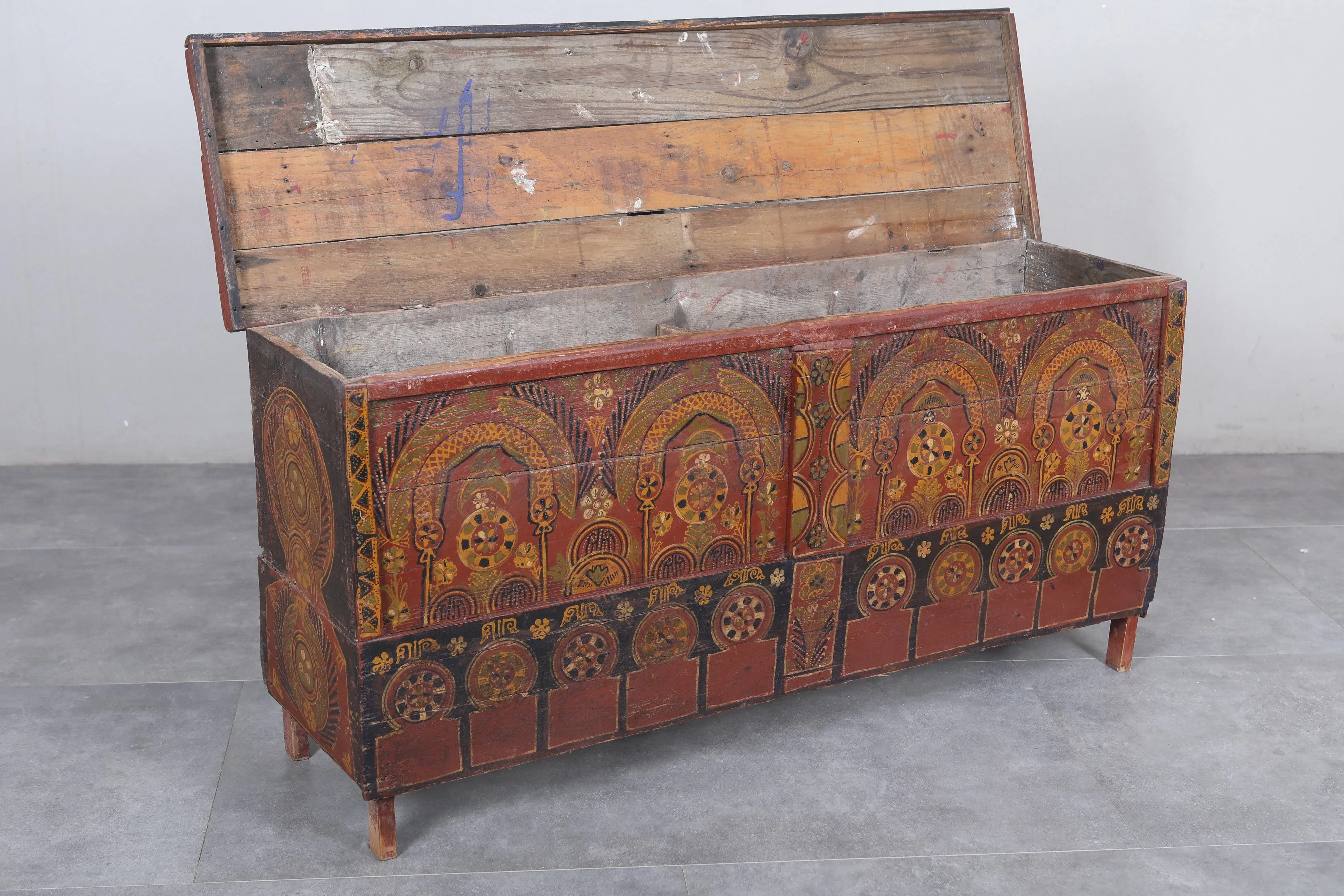 Vintage Moroccan chest  H 25.5  inches x W 53.5 inches x D 15.3 inches