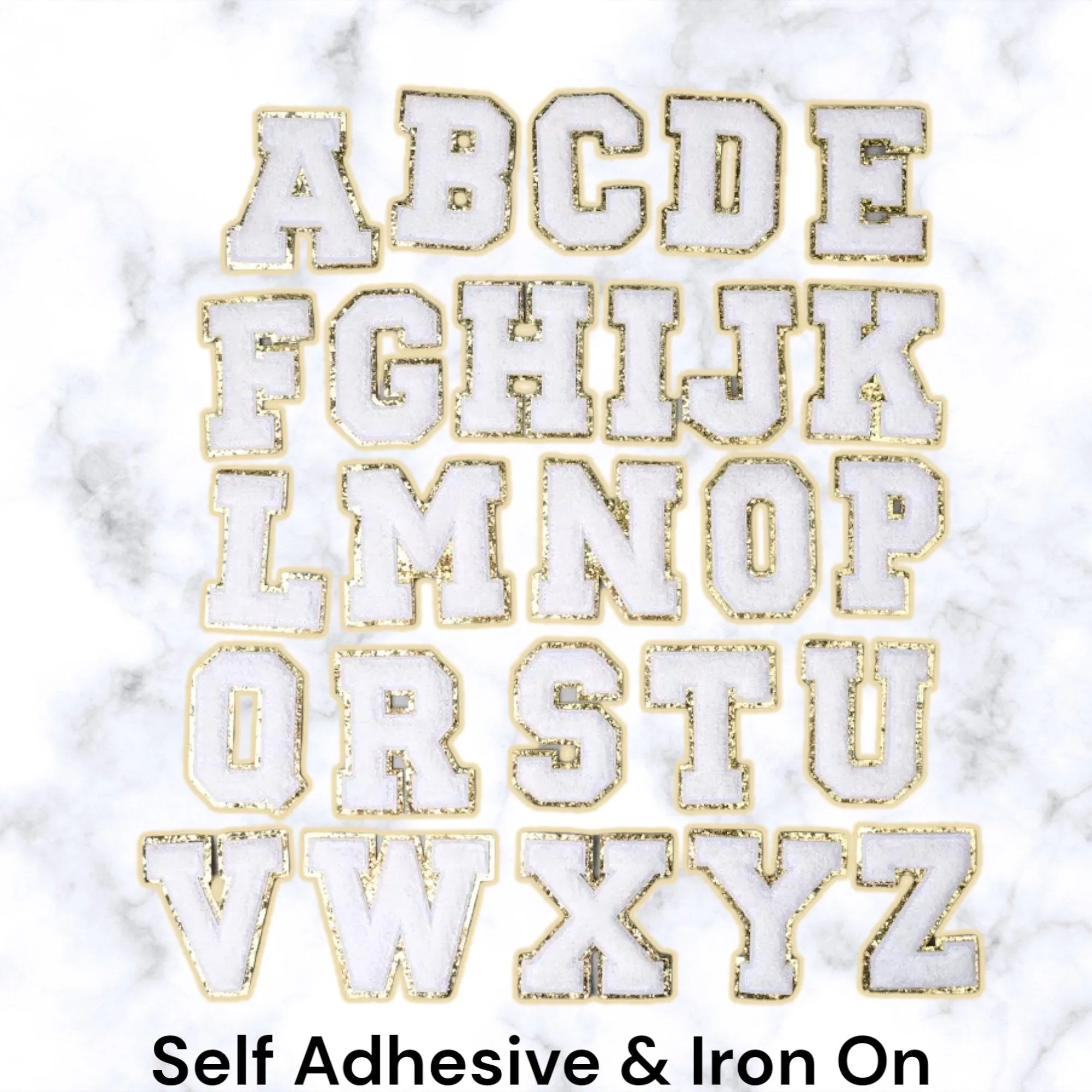 White Letter Patch - Self Adhesive - Chenille Alphabet Diy Gold Glitter Trim Varsity Letter Perfect for Nylon Pouch cosmetic DIY embroidery