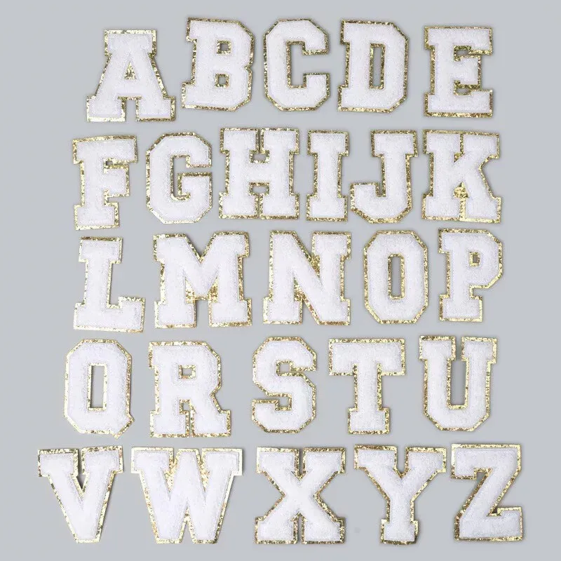 White Letter Patch - Self Adhesive - Chenille Alphabet Diy Gold Glitter Trim Varsity Letter Perfect for Nylon Pouch cosmetic DIY embroidery